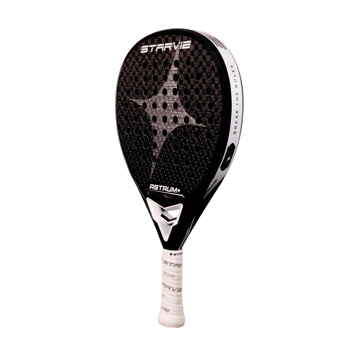An angled front view of the StarVie Astrum+ Black padel racket, showing the racket face, outer frame and StarVie logo.