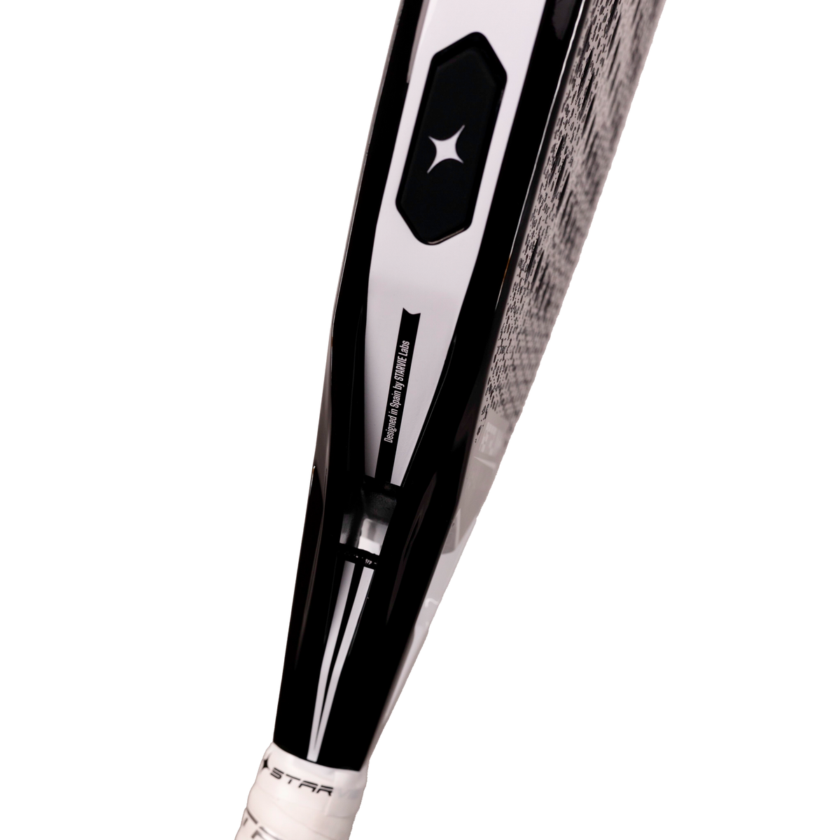 A close-up of the bridge area of the StarVie Astrum+ Black padel racket, showing the open bridge, lower racket face and frame details.