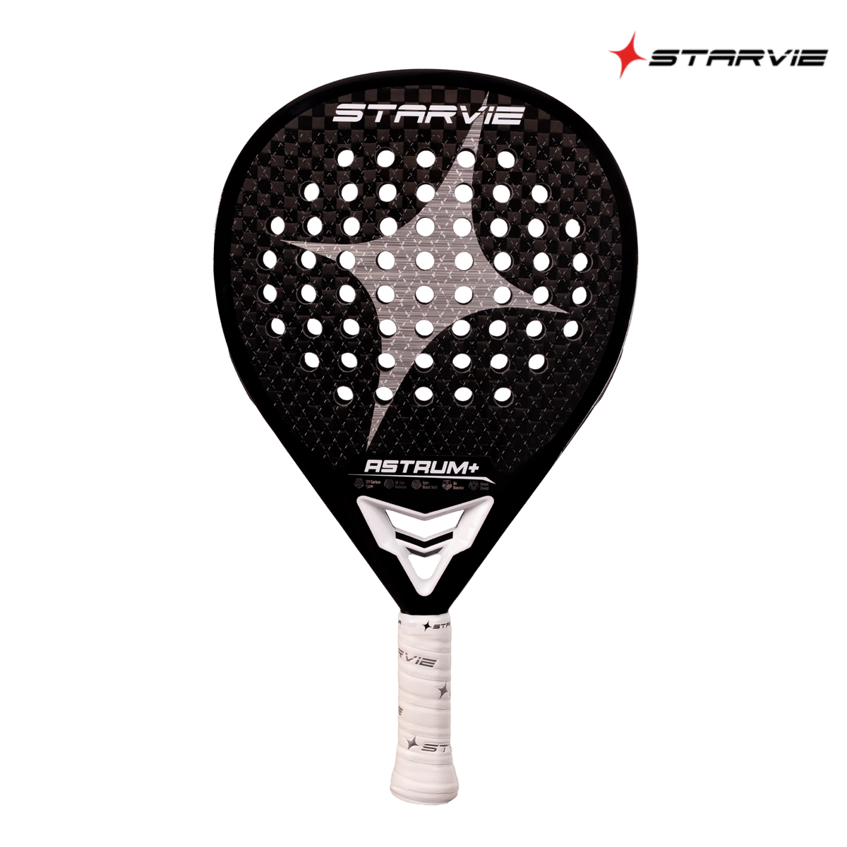 A front view of the StarVie Astrum+ Black padel racket, showing the black racket face, perforations and StarVie branding.