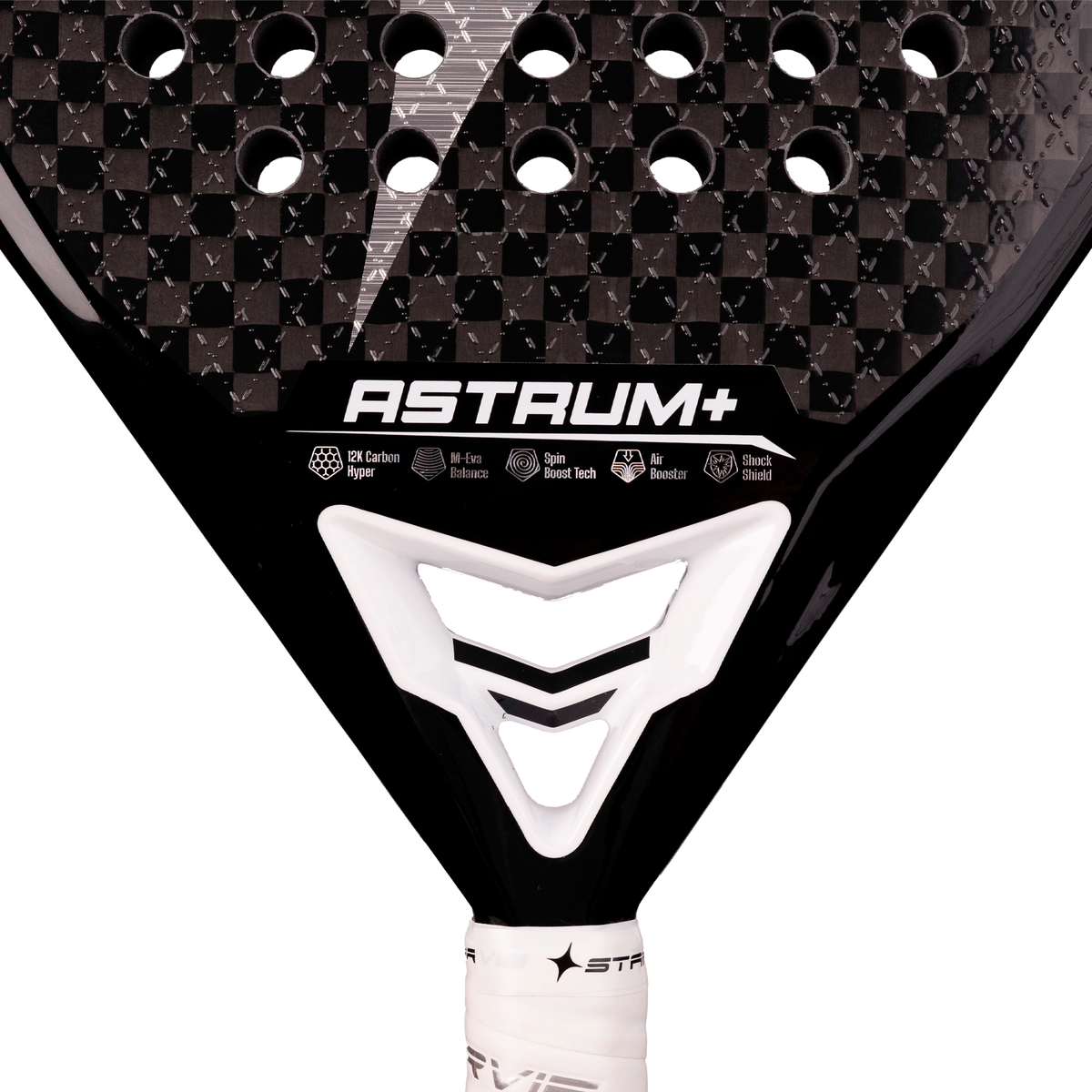 A close-up of the StarVie Astrum+ Black racket face, showing the textured carbon surface, perforations and graphic details.