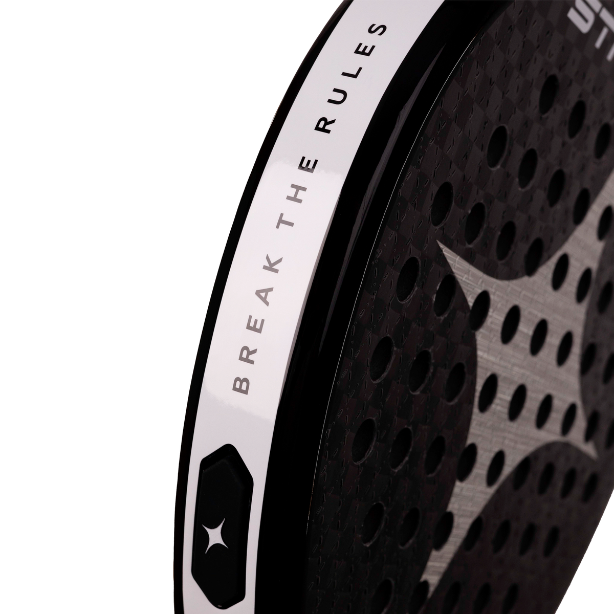 A close-up side view of the StarVie Astrum+ Black padel racket, showing the outer frame, racket edge and frame construction.
