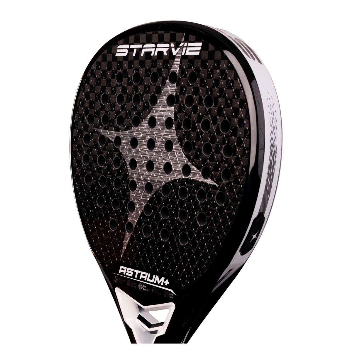 A close-up of the top section of the StarVie Astrum+ Black padel racket, showing the black outer frame, racket surface and perforations.