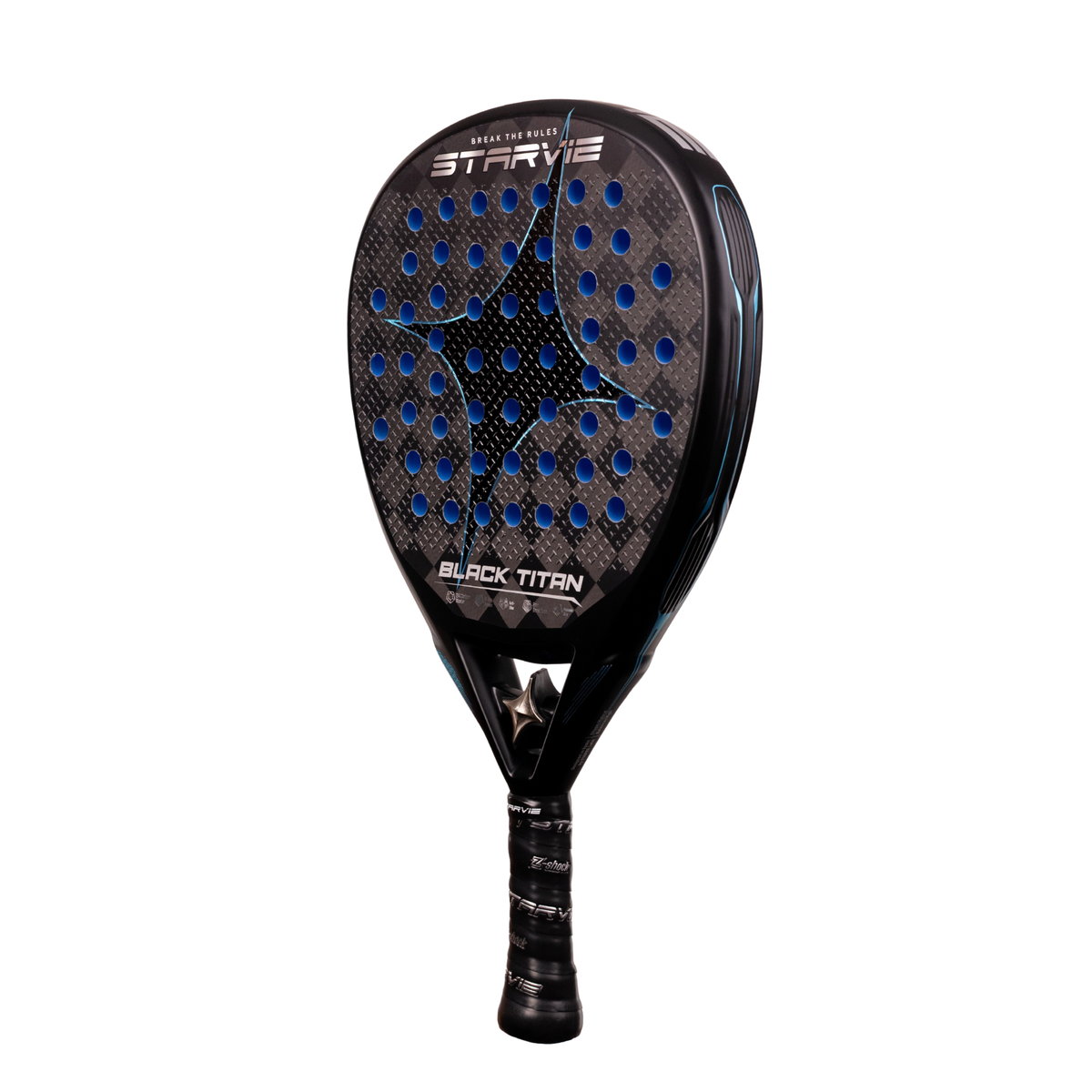 An angled front view of the StarVie Black Titan Blue padel racket, showing the black carbon racket face, blue perforations and side frame.