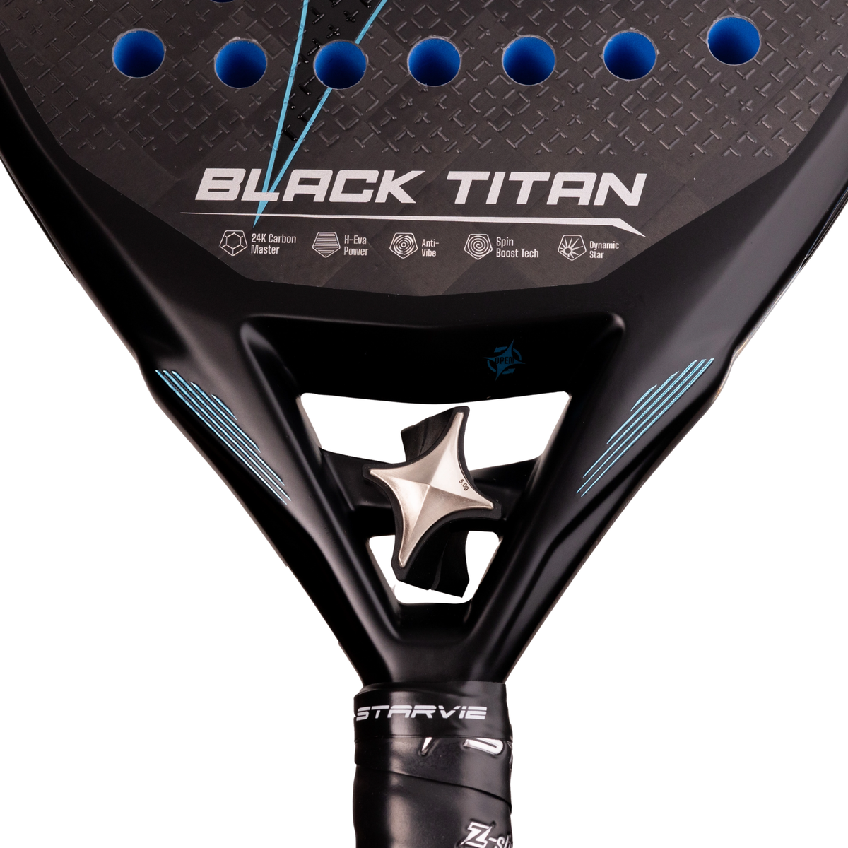 A close-up of the lower section of the StarVie Black Titan Blue padel racket, showing the bridge, Black Titan branding and silver star-shaped weight.
