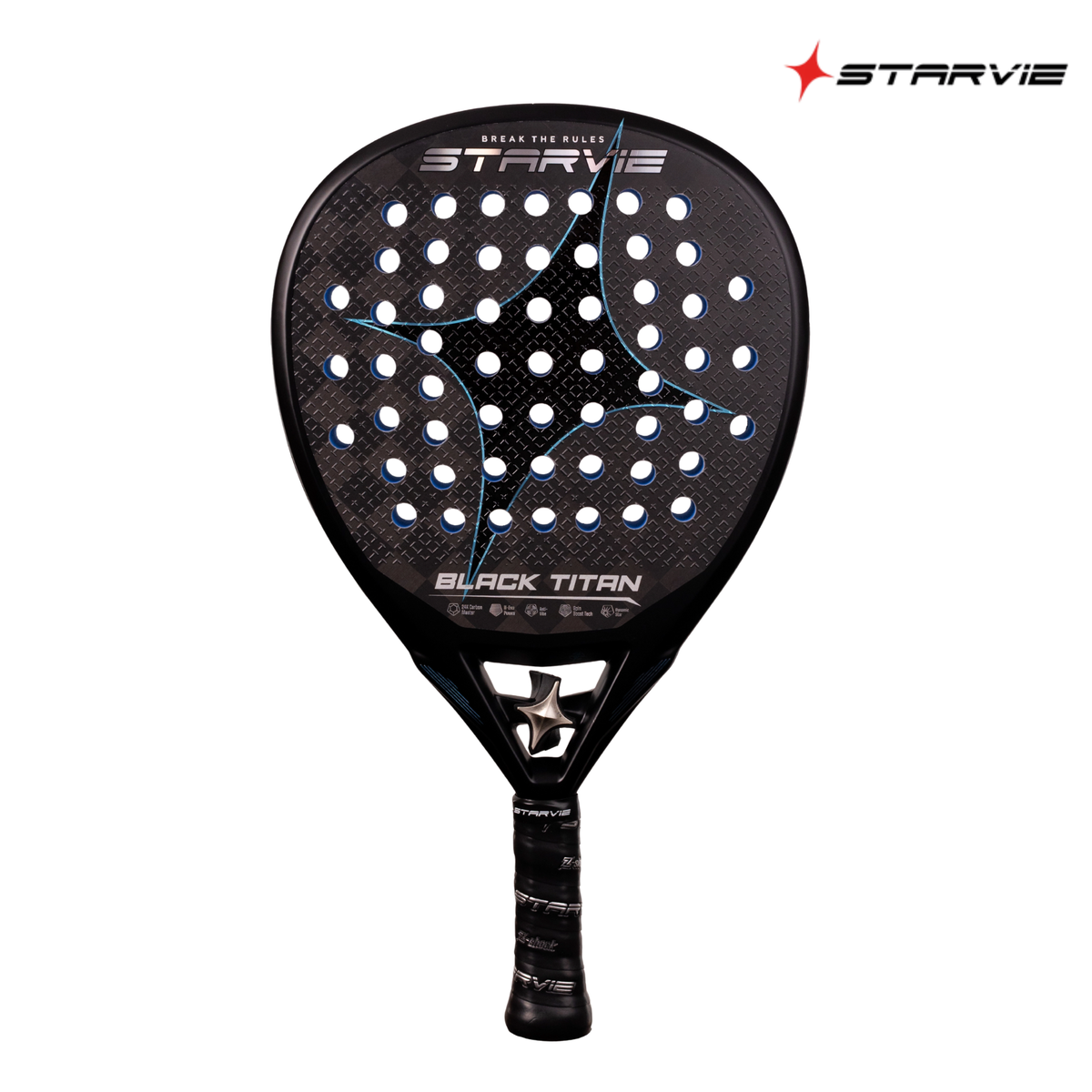 A front view of the StarVie Black Titan Blue padel racket, featuring a black carbon racket face, blue details, perforations and StarVie branding.