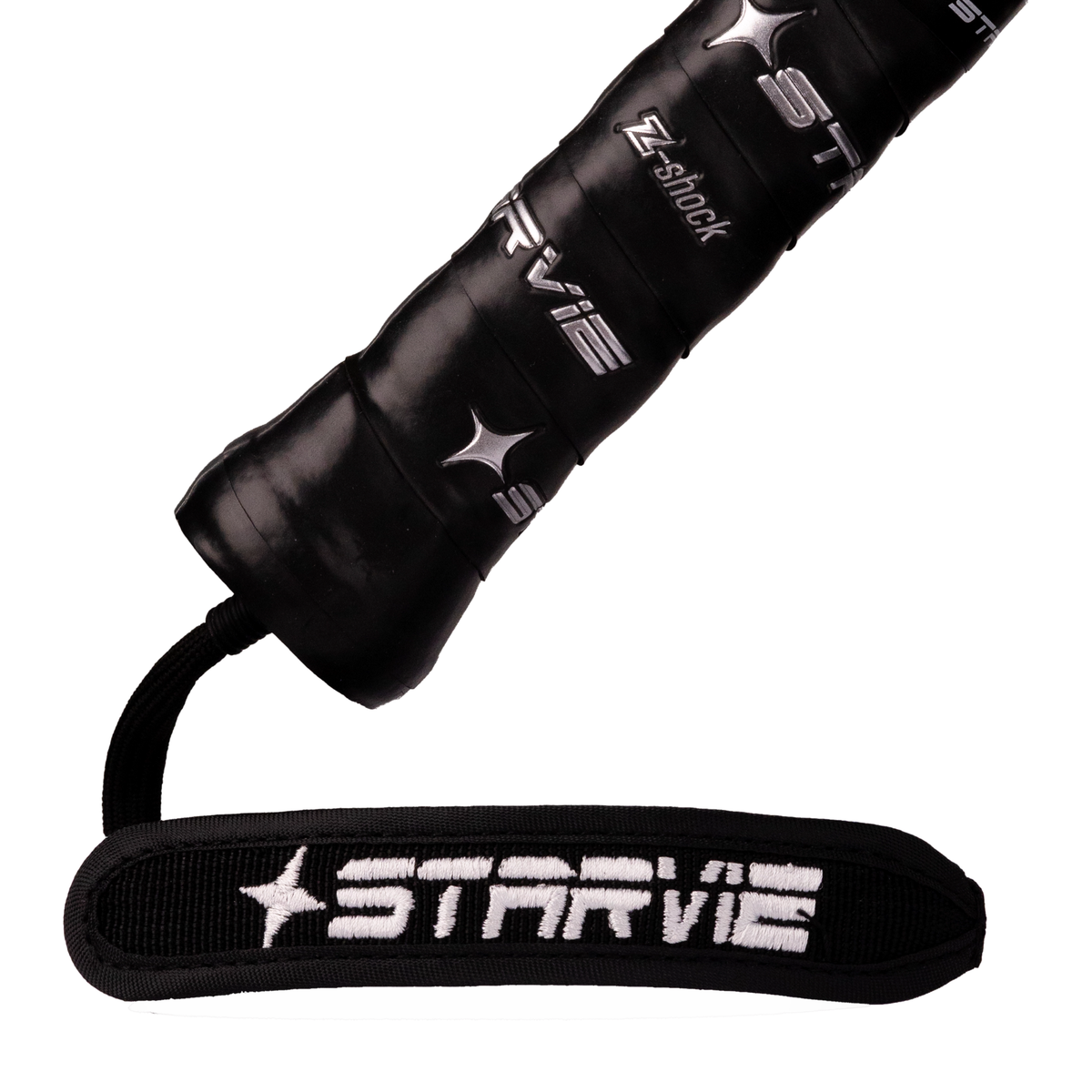 A close-up of the StarVie Black Titan Blue handle, showing the black StarVie grip, Z-Shock branding and black wrist strap with white StarVie logo.