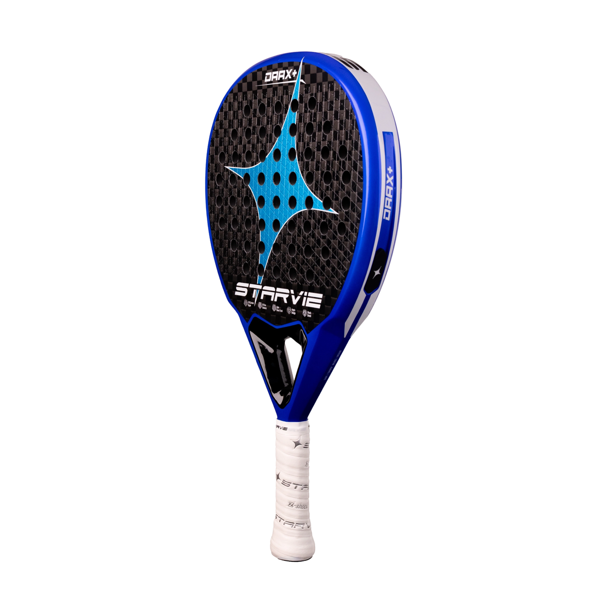 An angled front view of the StarVie Drax+ padel racket, showing the racket face, outer frame, perforations and StarVie branding.