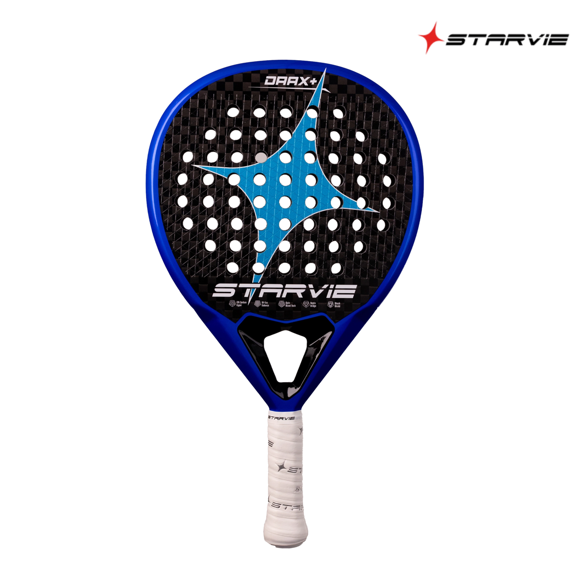 A front view of the StarVie Drax+ padel racket, showing the racket face, curved perforations, StarVie logo and Drax+ branding.