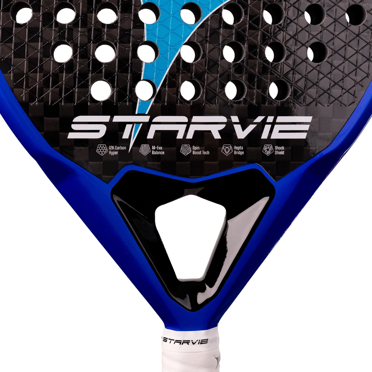 A close-up of the StarVie Drax+ padel racket, showing the distinctive seven-sided bridge and lower racket face.