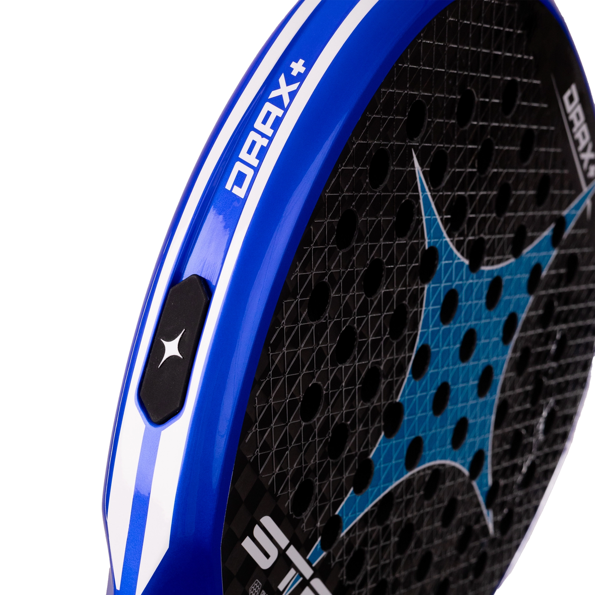 A close-up of the StarVie Drax+ racket face, showing the textured surface, curved hole pattern and graphic details.