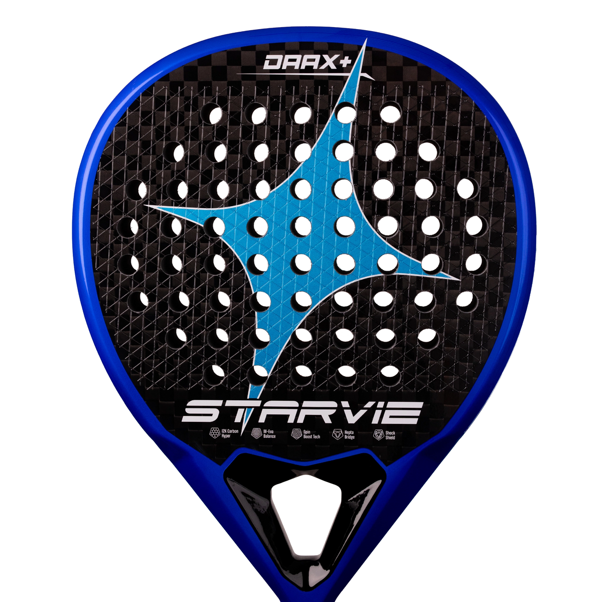 A close-up side view of the StarVie Drax+ padel racket, showing the outer frame, frame thickness and edge of the racket face.