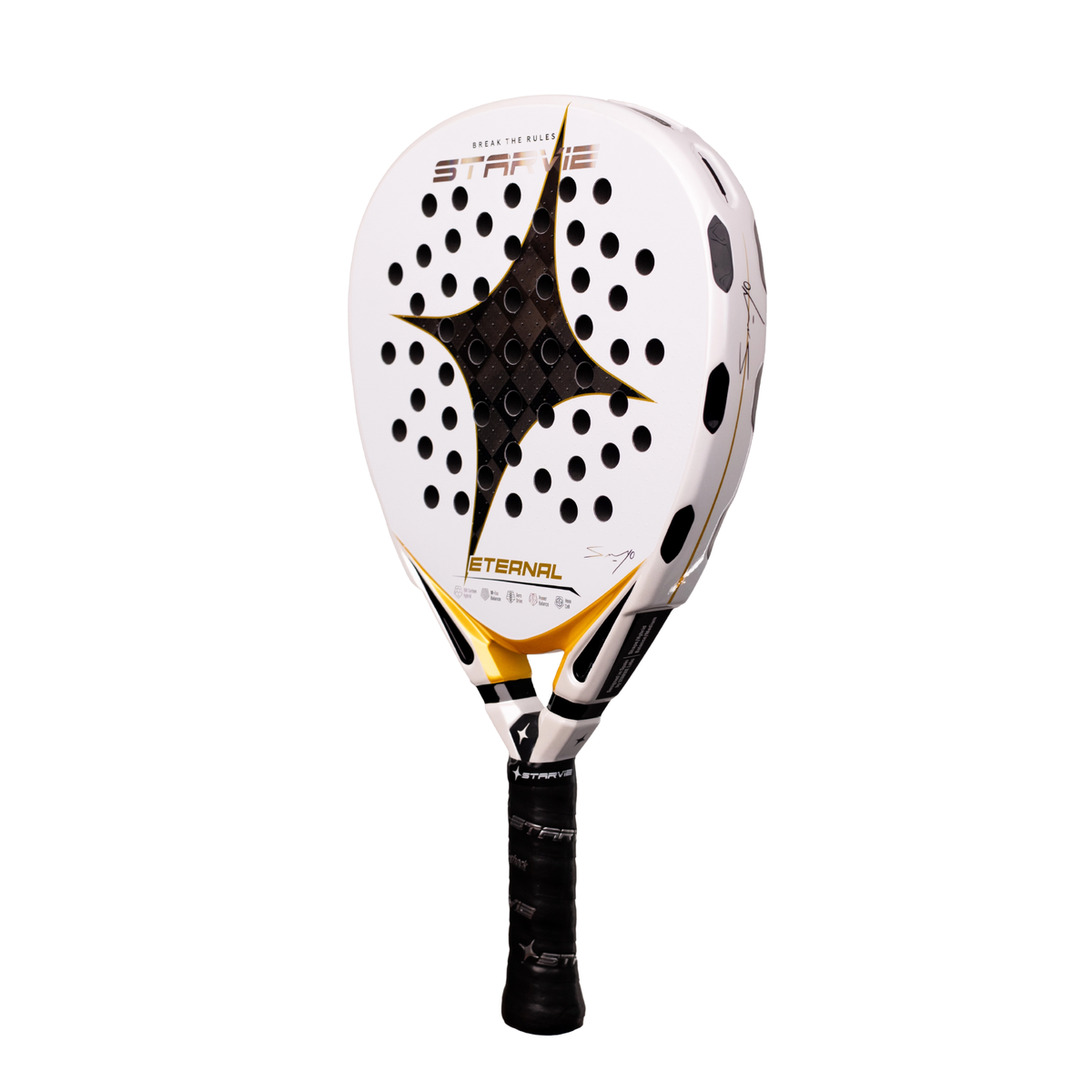 An angled front view of the StarVie Eternal by Sanyo Gutiérrez padel racket, showing the racket face, outer frame and StarVie branding.