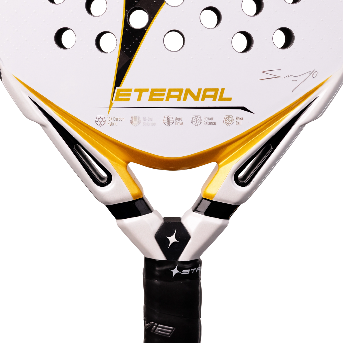 A close-up of the bridge area of the StarVie Eternal by Sanyo Gutiérrez padel racket, showing the V-shaped bridge and lower racket face