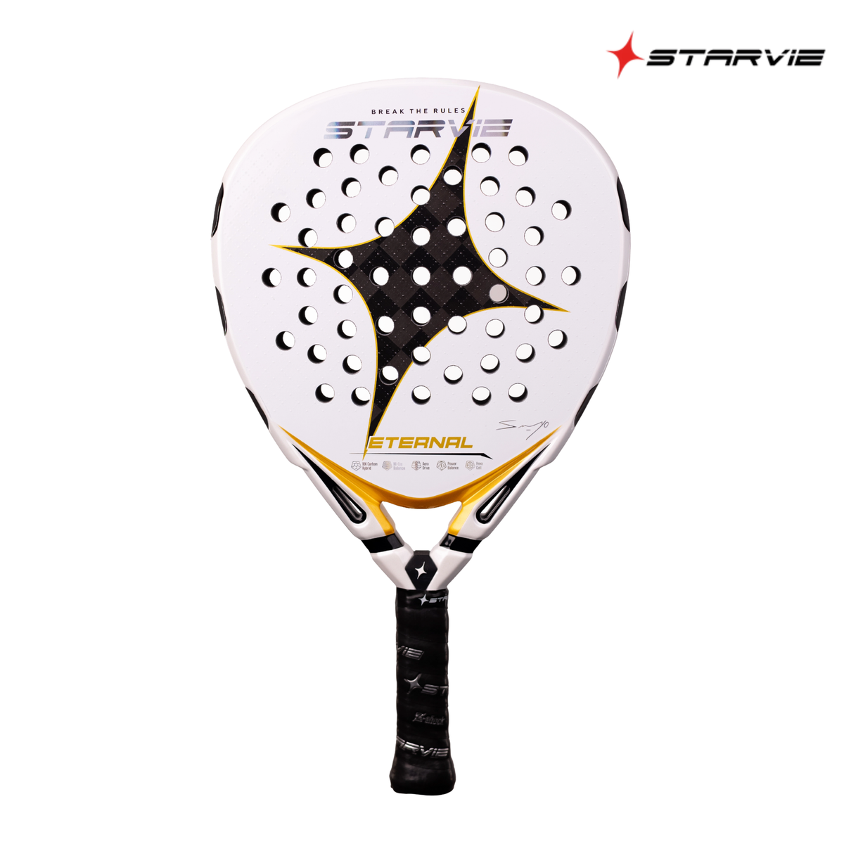 A front view of the StarVie Eternal by Sanyo Gutiérrez padel racket, showing the black racket face, perforations, StarVie logo and signature design.