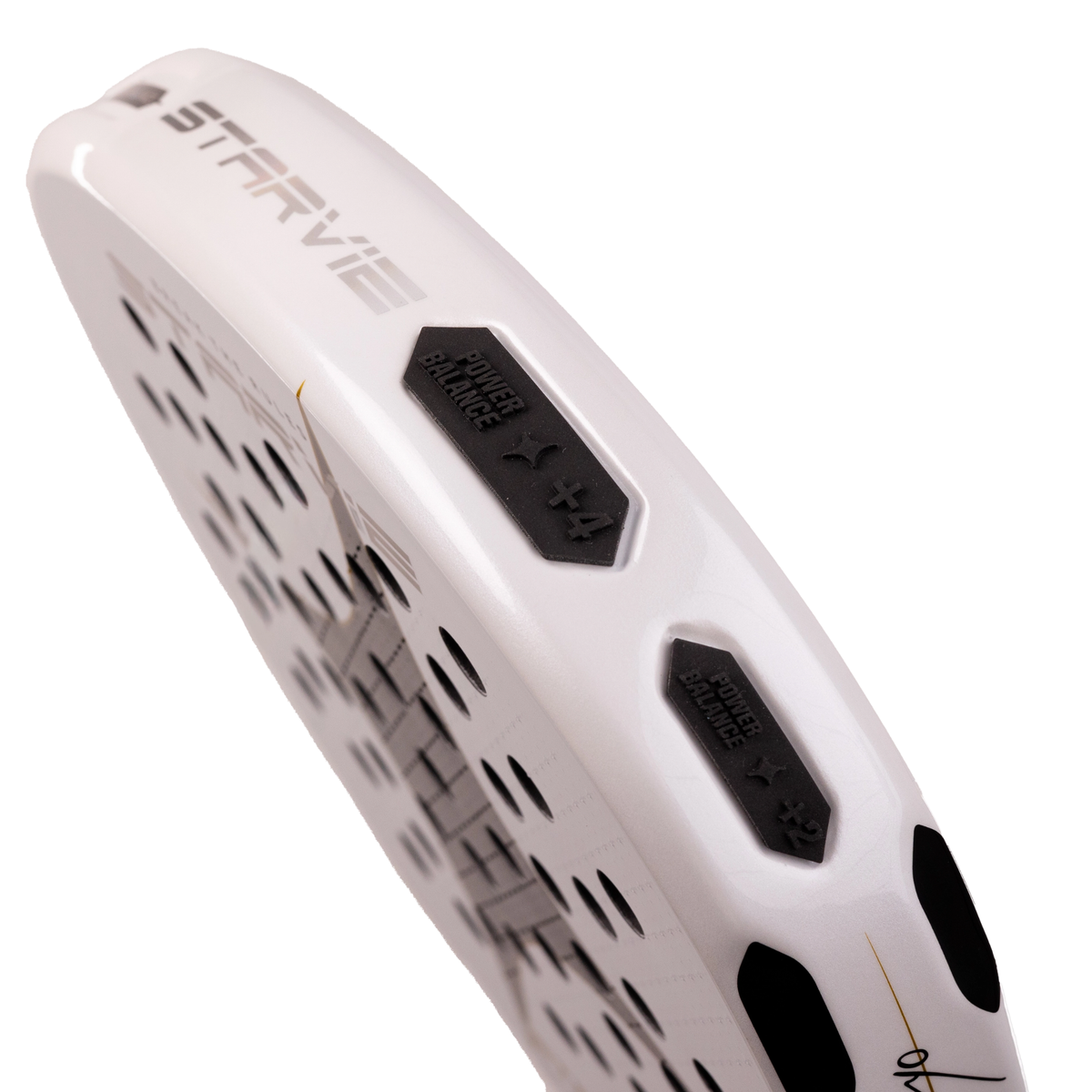 A close-up of the StarVie Eternal by Sanyo Gutiérrez frame, showing the adjustable Power Balance weight system integrated into the racket.