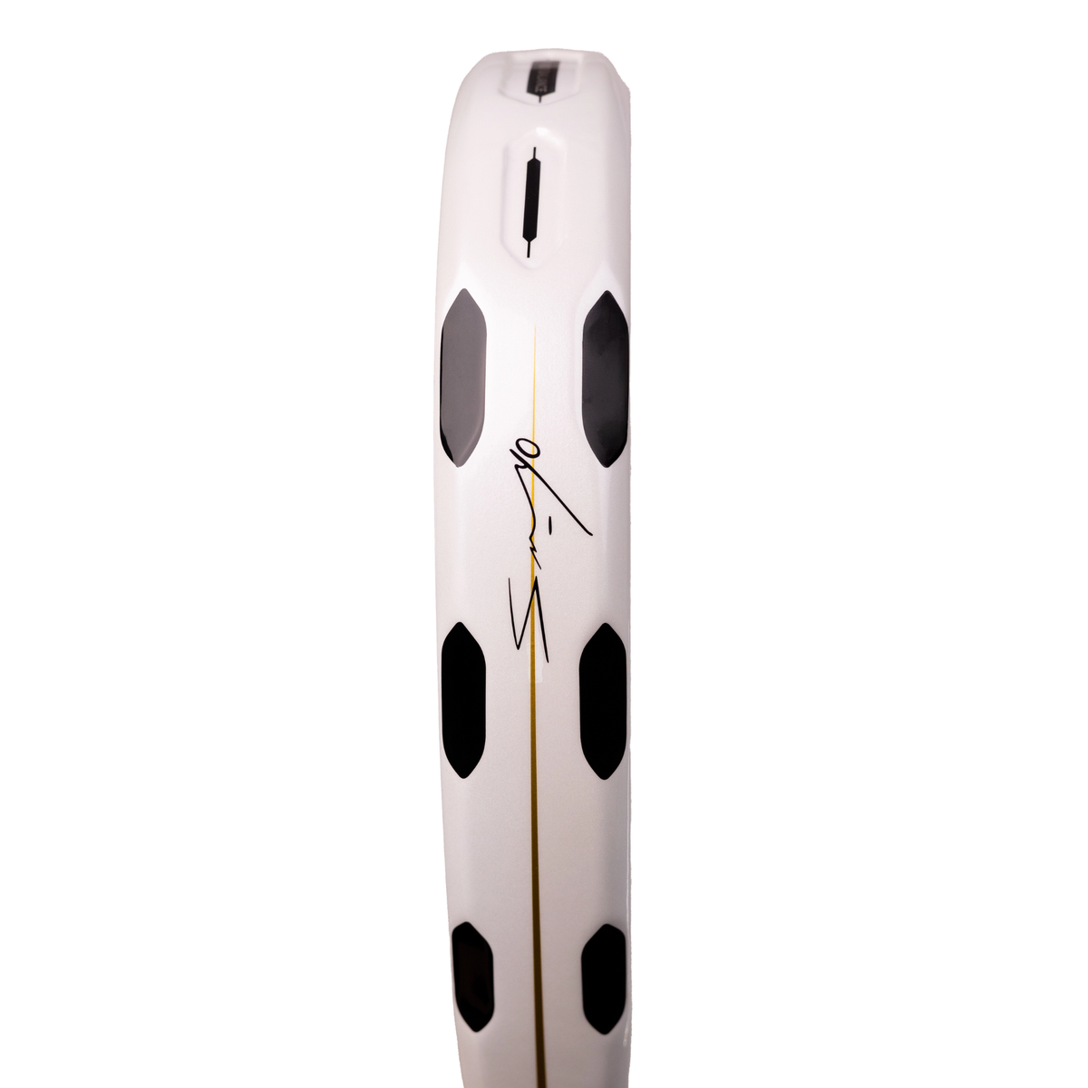 A side profile view of the StarVie Eternal by Sanyo Gutiérrez padel racket, showing the frame thickness, racket edge and handle.