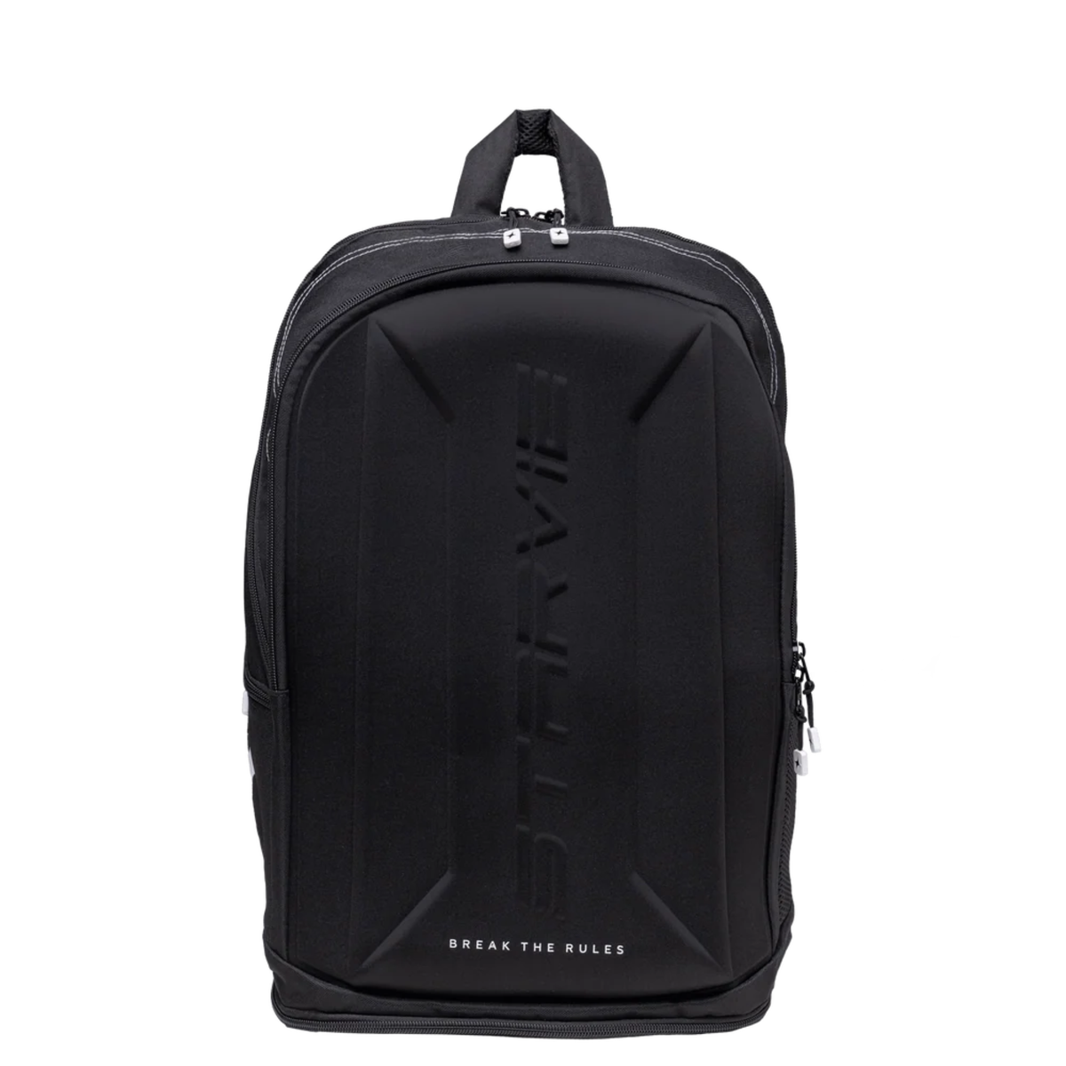 Front view of the black StarVie Hard EVA padel backpack with white details and rigid front pocket.