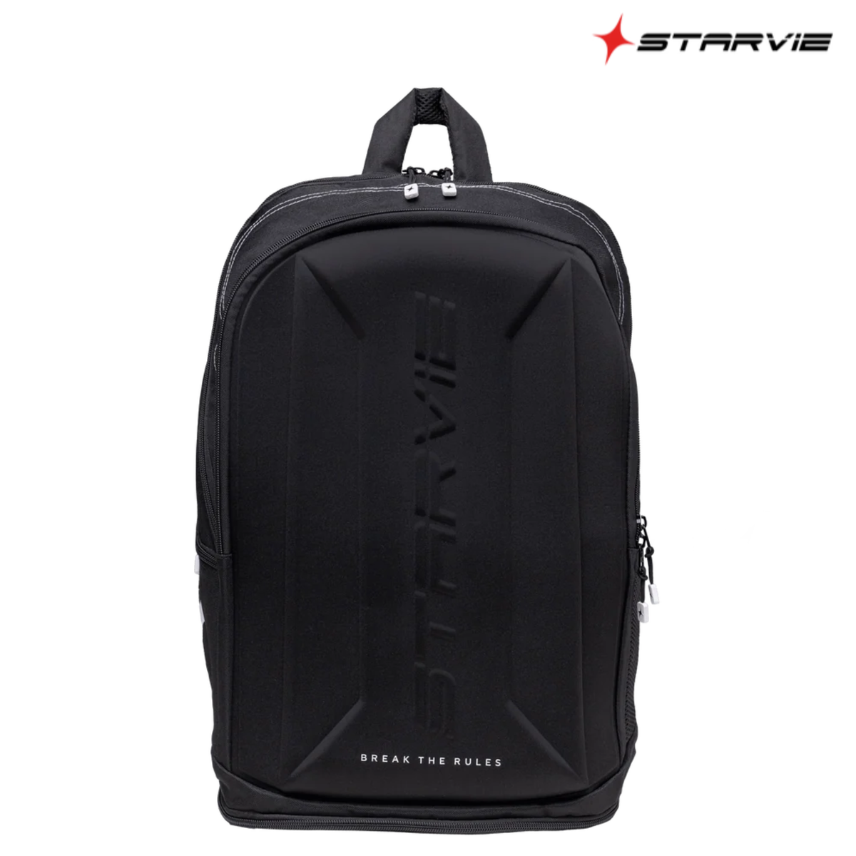 Front view of the StarVie Hard EVA Black padel backpack with external logo.