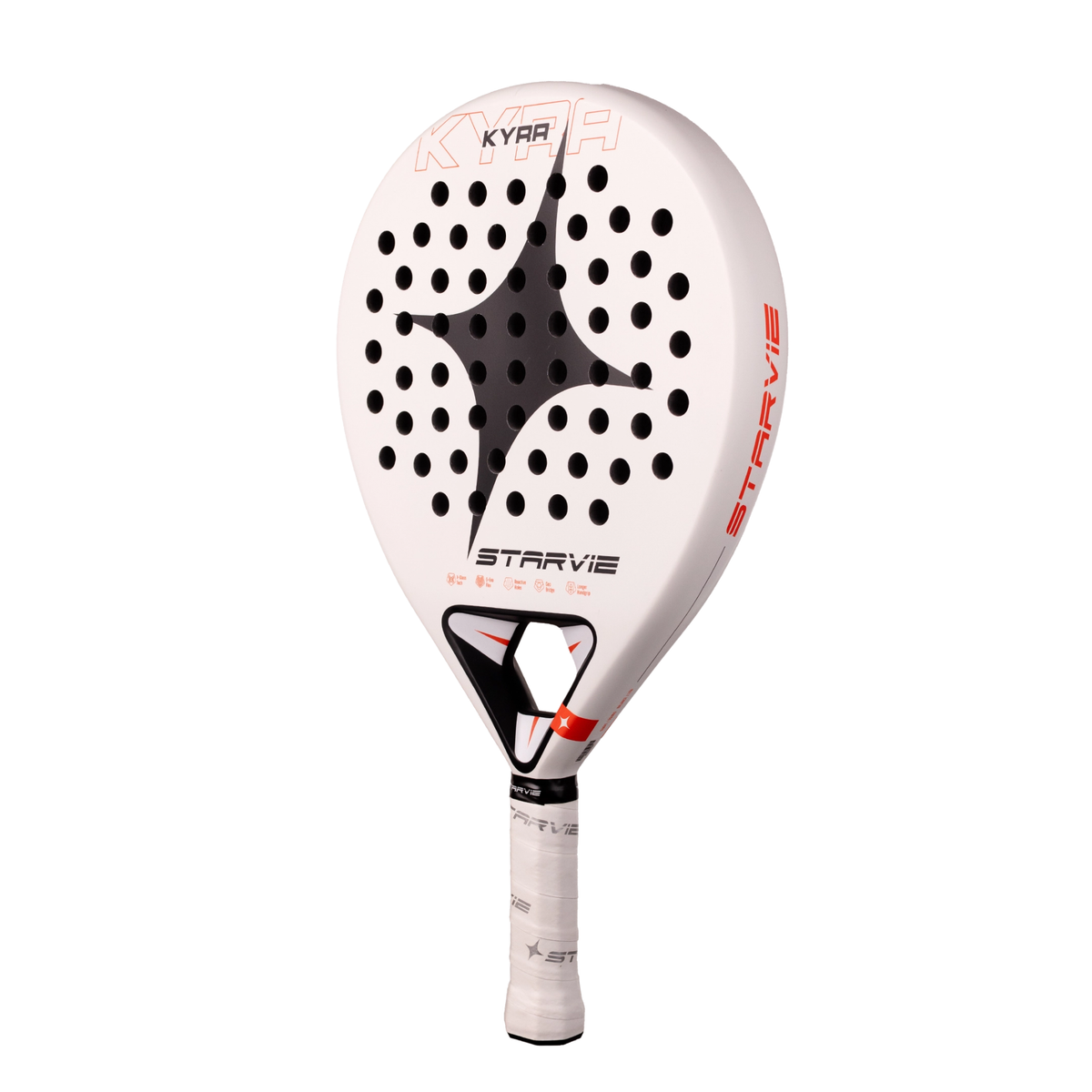 An angled front view of the StarVie Kyra padel racket, showing the racket face, outer frame, curved perforations and StarVie branding.