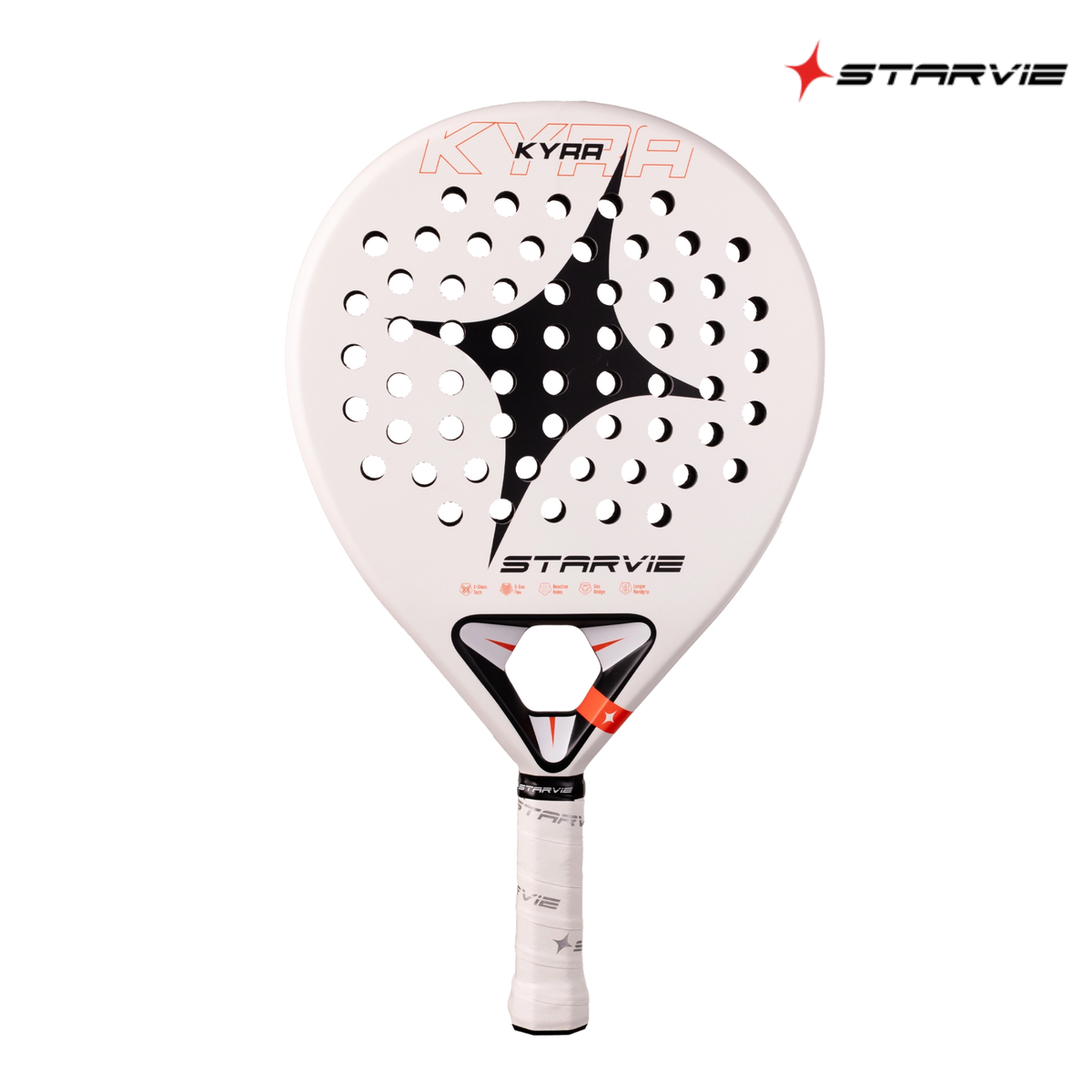A front view of the StarVie Kyra padel racket, showing the round racket face, curved perforations, StarVie logo and Kyra branding.