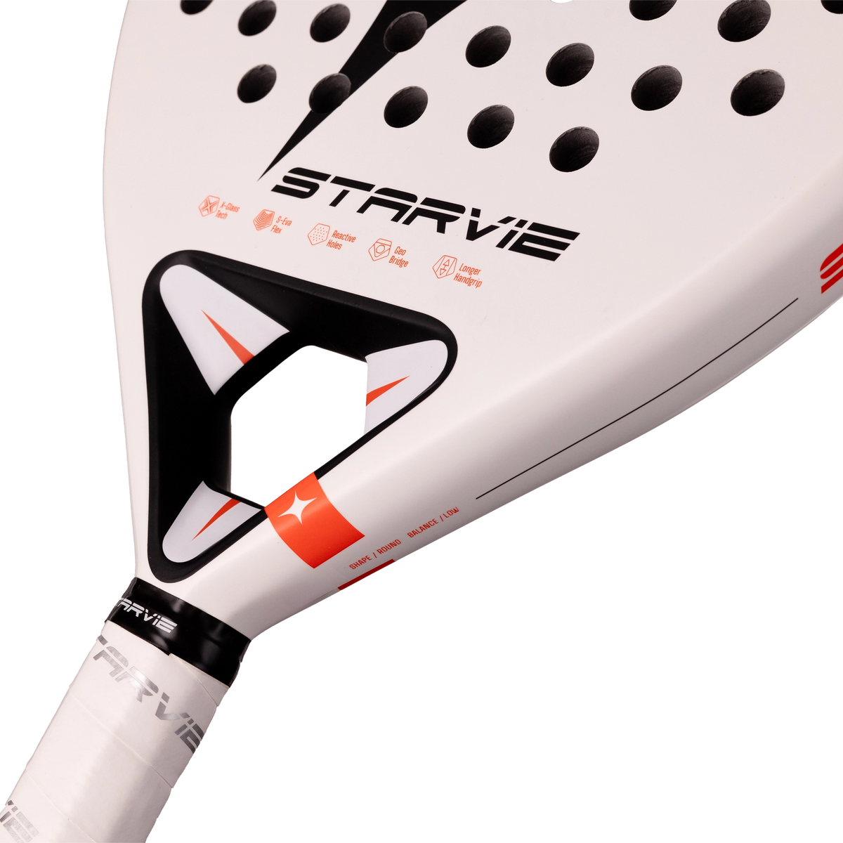 A close-up of the StarVie Kyra padel racket, showing the hexagonal Geo Bridge, lower racket face and surrounding frame details.