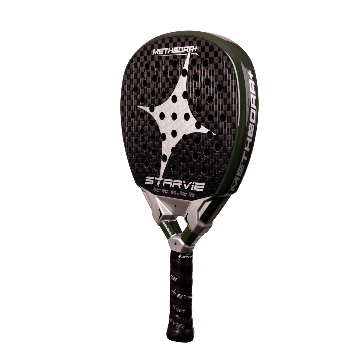 An angled front view of the StarVie Metheora+ padel racket, showing the racket face, outer frame, perforations and StarVie branding.