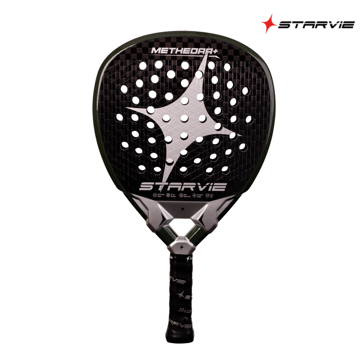 A front view of the StarVie Metheora+ padel racket, showing the racket face, perforations and StarVie branding.