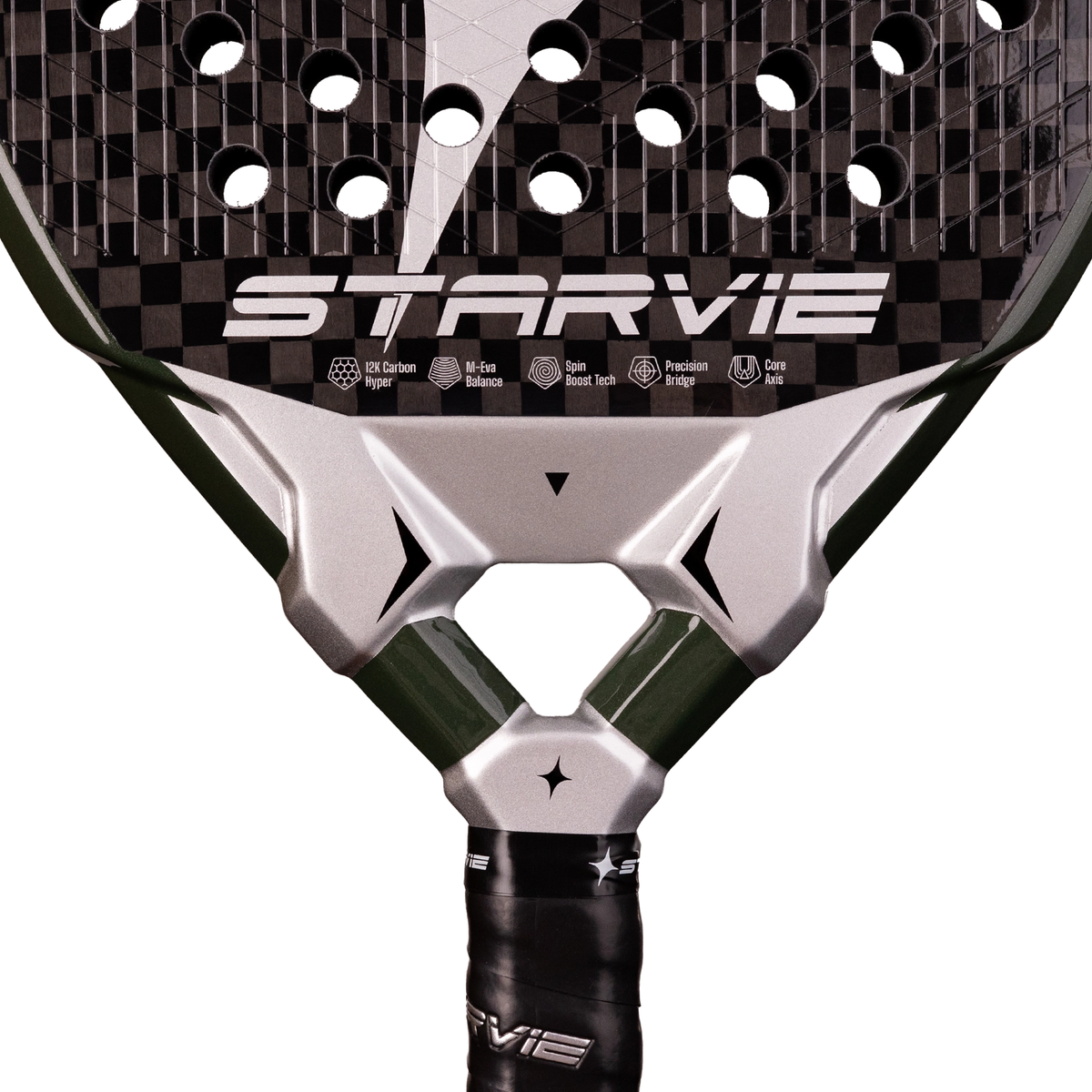 A close-up of the StarVie Metheora+ padel racket, showing the distinctive bridge structure and lower section of the racket face.