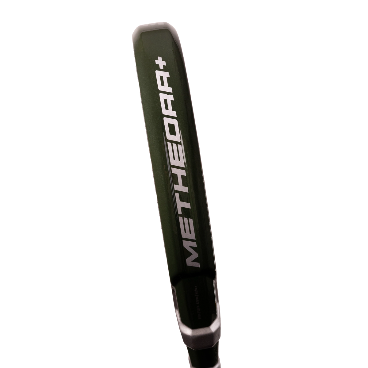 A close-up of the StarVie Metheora+ racket face, showing the textured surface, curved perforations and graphic details.