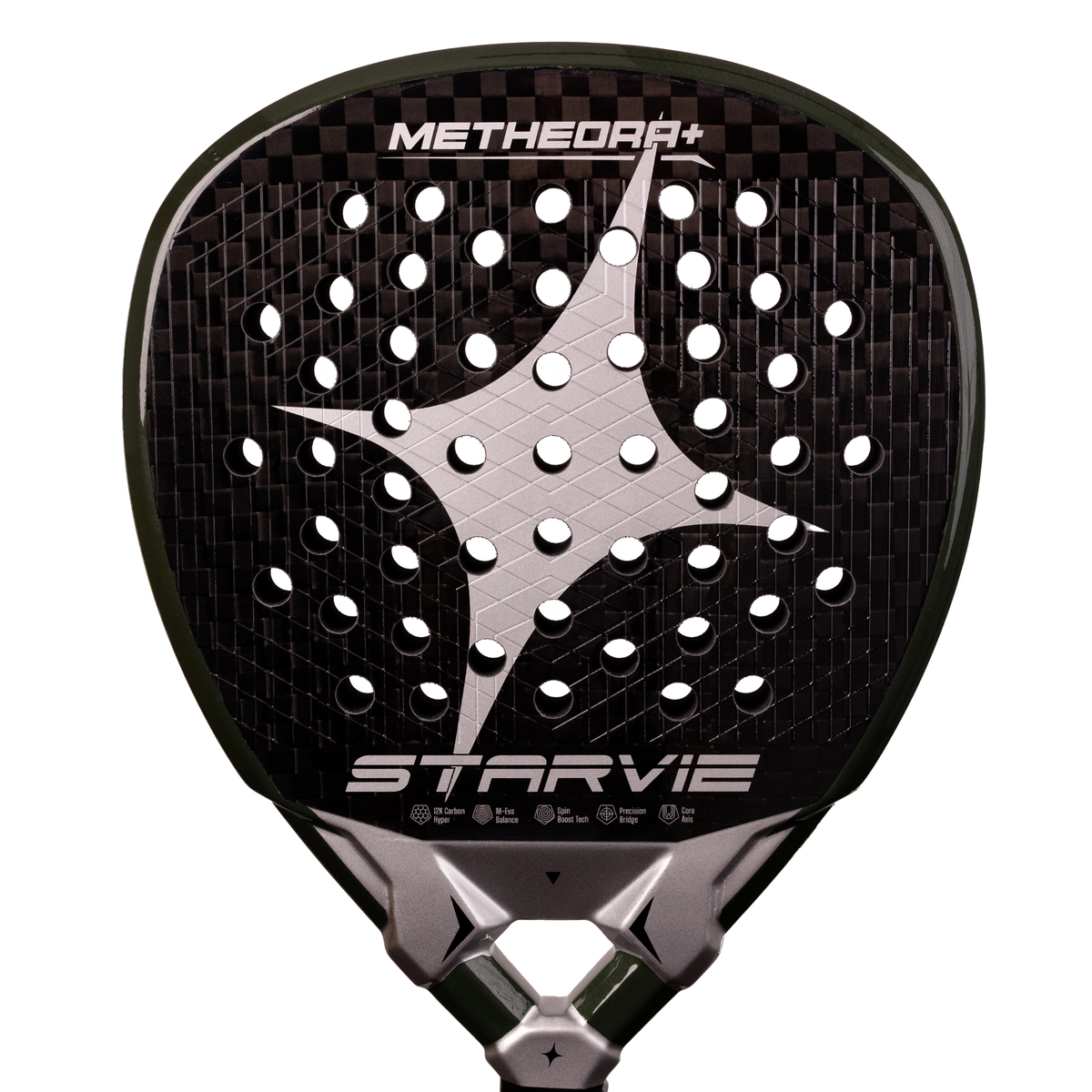 A close-up side view of the StarVie Metheora+ padel racket, showing the outer frame, frame profile and edge of the racket face.