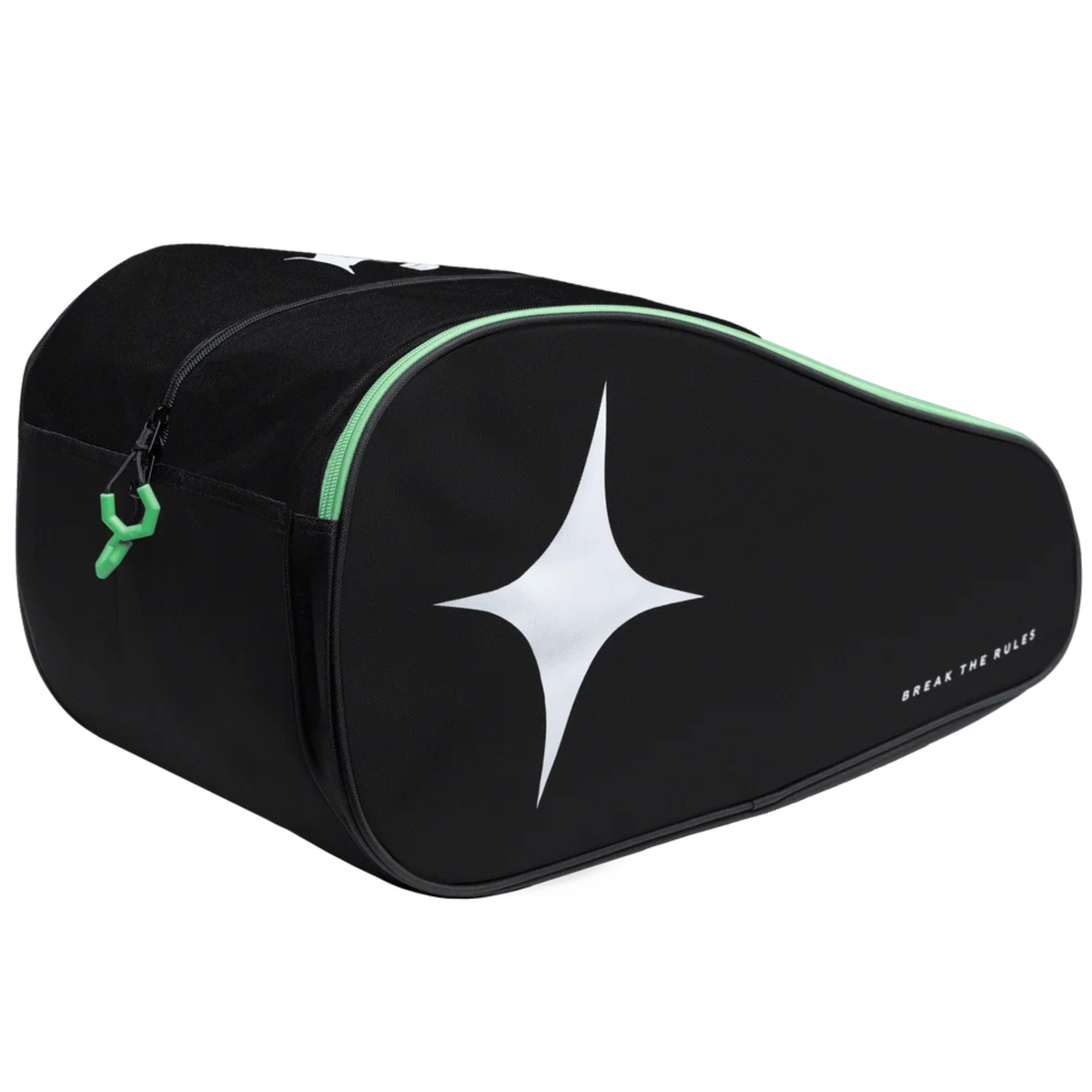 Angled view of the StarVie Neon Strike padel bag showing the white star design and green zipper details.
