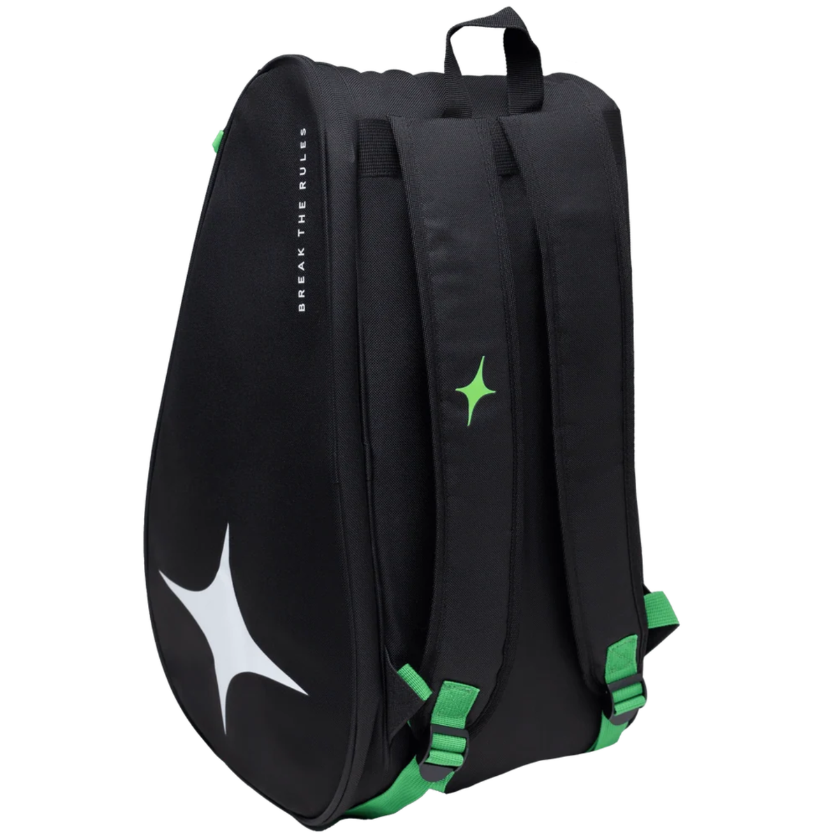 Back view of the StarVie Neon Strike padel bag showing the padded shoulder straps and green adjustable buckles.