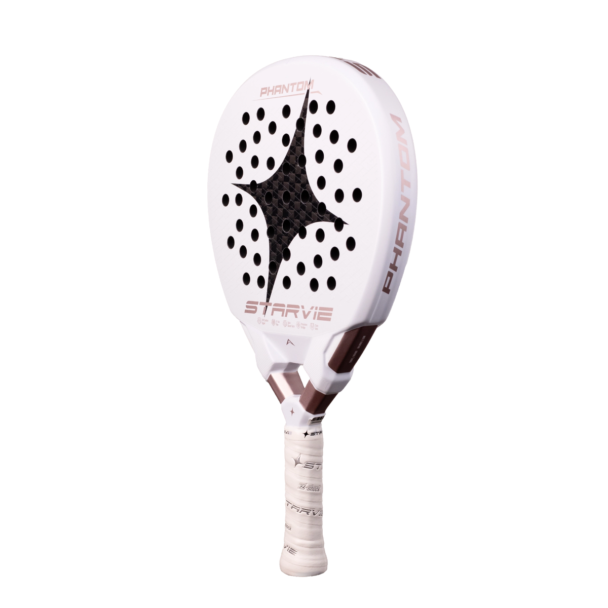 An angled front view of the StarVie Phantom padel racket, showing the racket face, outer frame and curved hole pattern.