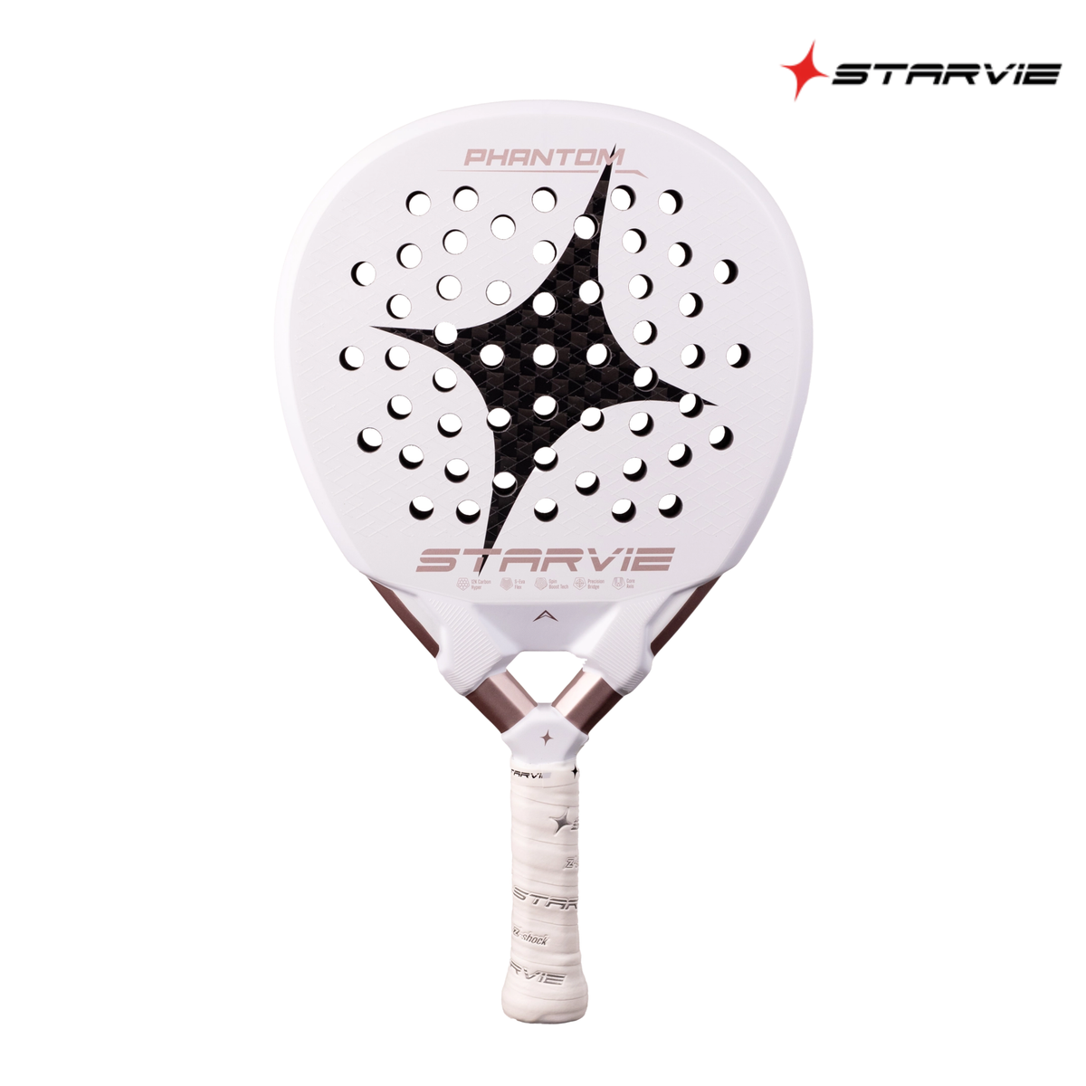 A front view of the StarVie Phantom padel racket, showing the round racket face, perforations and StarVie branding.