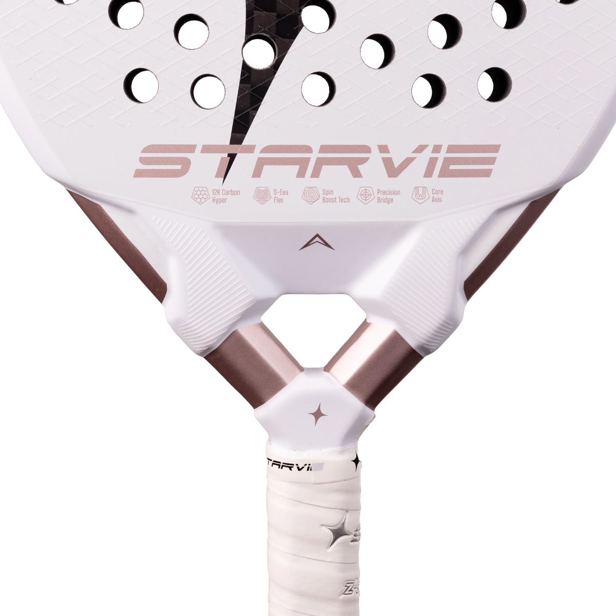 A close-up of the StarVie Phantom padel racket, showing the distinctive Precision Bridge and lower section of the racket face.