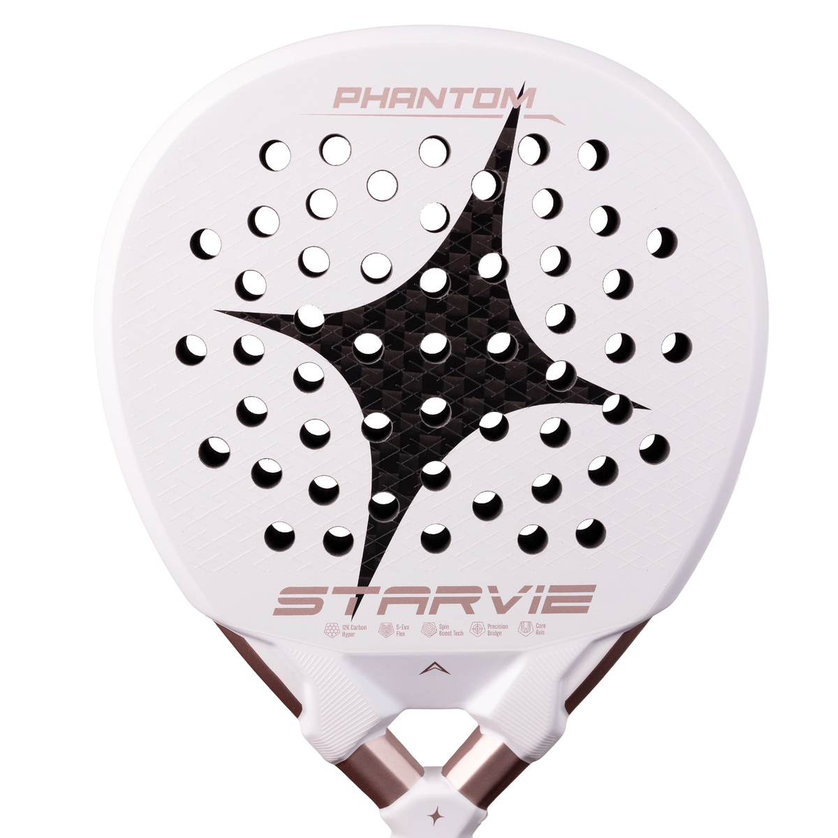 A close-up of the StarVie Phantom racket face, showing the textured carbon surface, curved perforations and frame details.