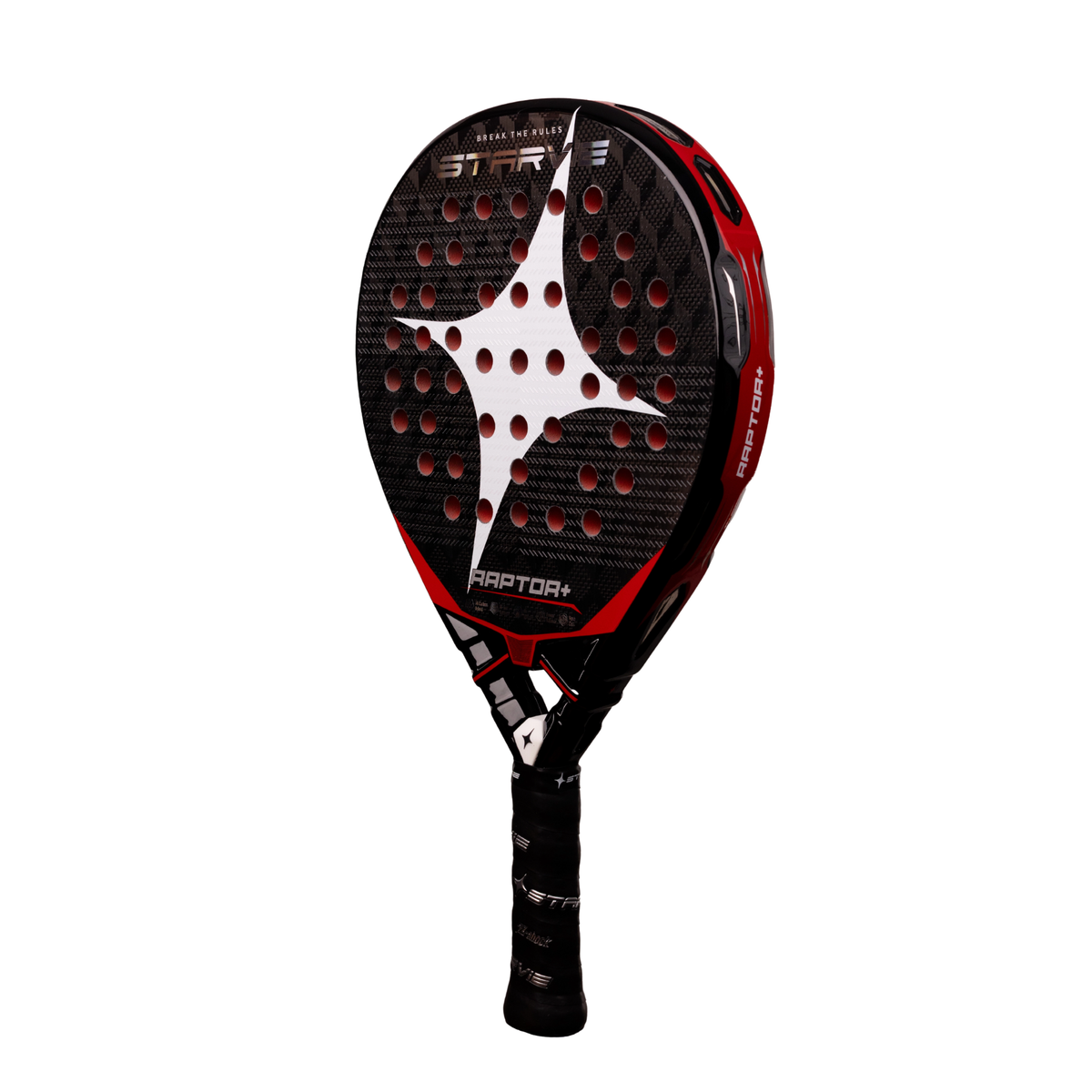 An angled front view of the StarVie Raptor+ Red padel racket, showing the black racket face, red details, outer frame and StarVie branding.