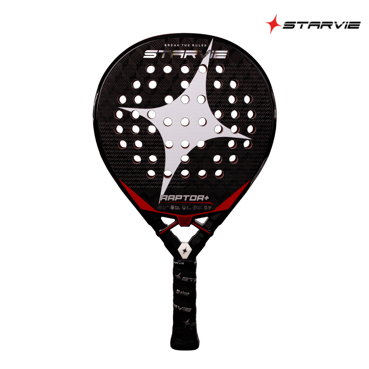 A front view of the StarVie Raptor+ Red padel racket, showing the black racket face, red details, perforations and StarVie branding.