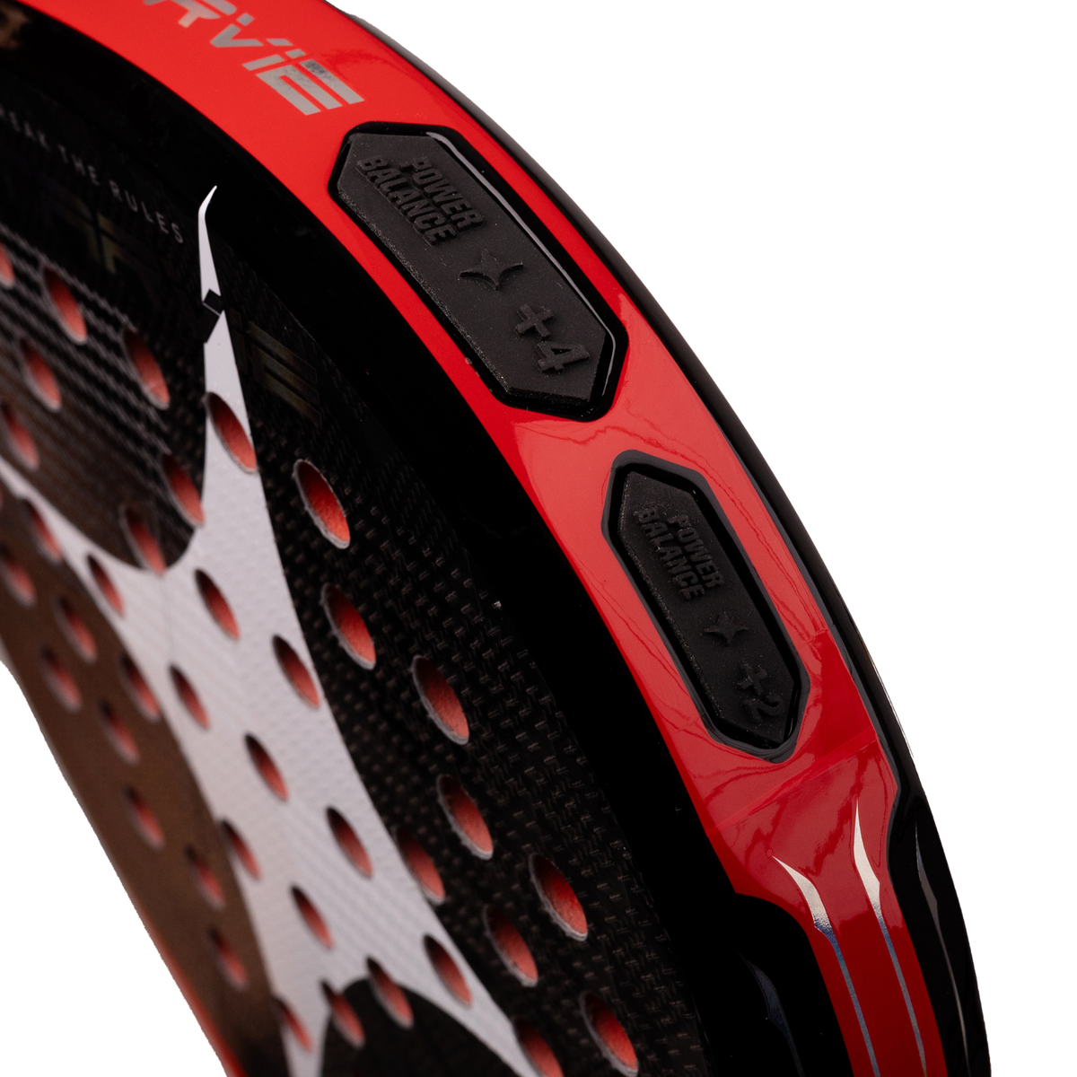 A close-up of the StarVie Raptor+ Red frame, showing the integrated Power Balance weight system and surrounding frame details.