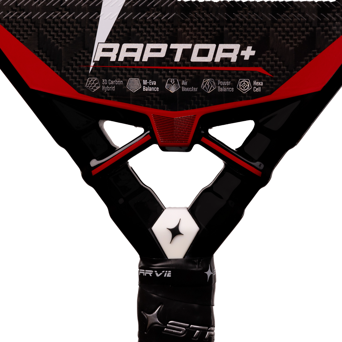 A close-up of the bridge area of the StarVie Raptor+ Red padel racket, showing the open bridge, lower racket face and red frame details.