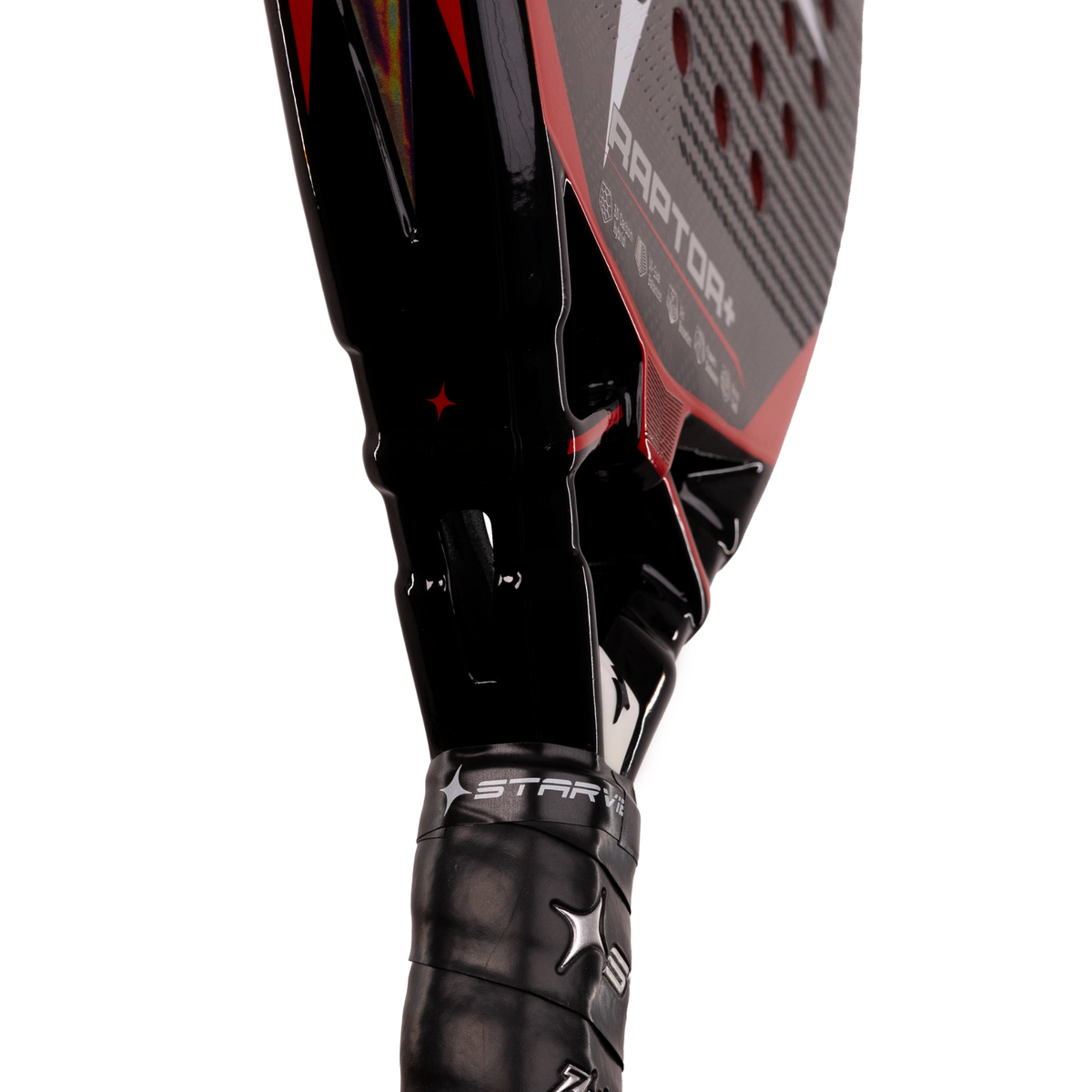 A side profile view of the StarVie Raptor+ Red padel racket, showing the frame thickness, black outer frame and red details.