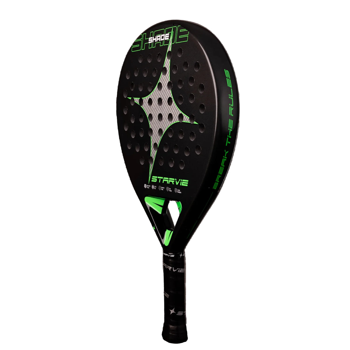 An angled front view of the StarVie Shade padel racket, showing the racket face, outer frame, curved perforations and StarVie branding.