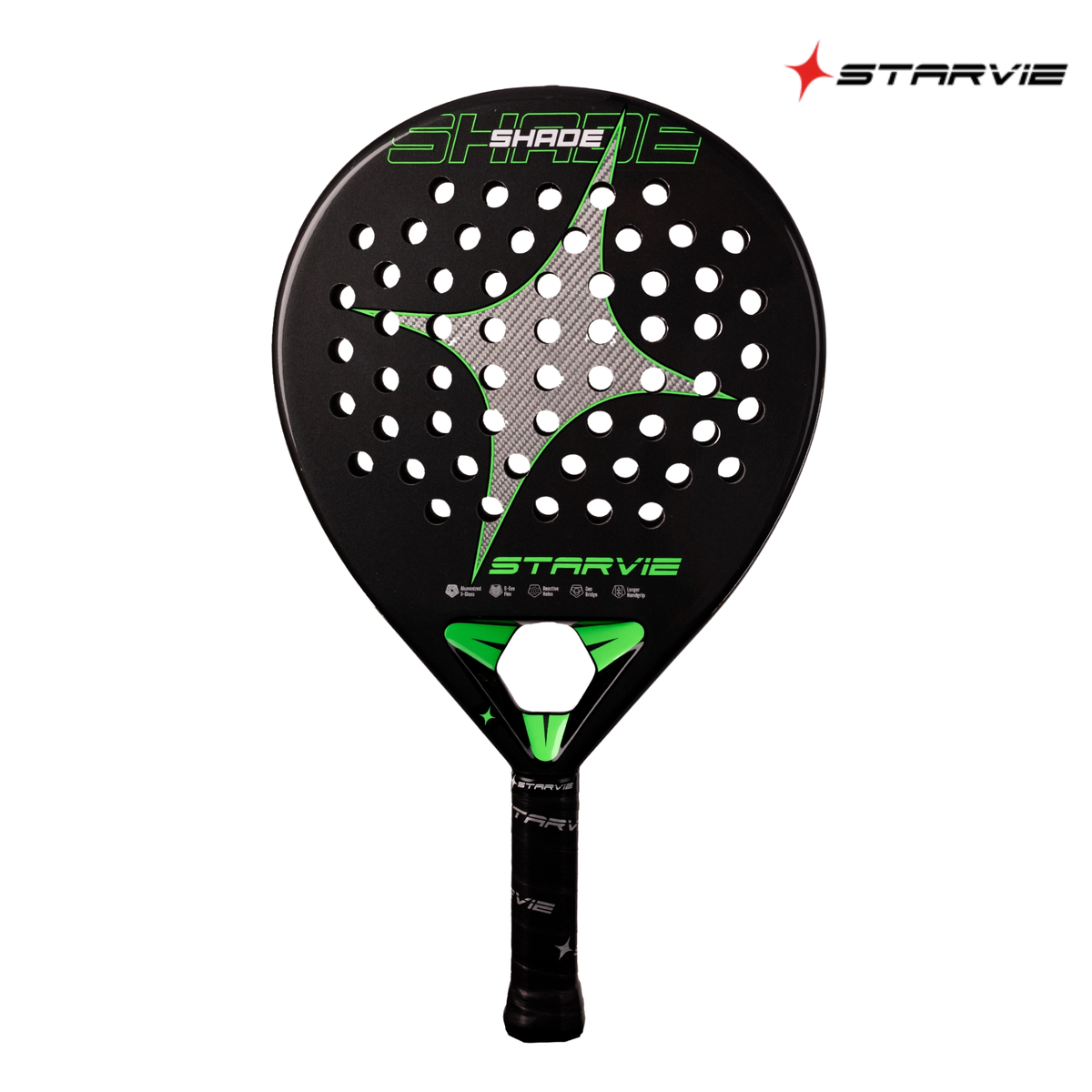A front view of the StarVie Shade padel racket, showing the round racket face, curved perforations, StarVie logo and Shade branding.