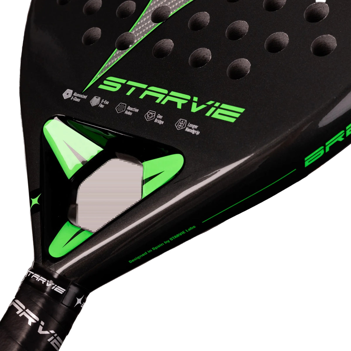 A close-up of the StarVie Shade padel racket, showing the hexagonal Geo Bridge, lower racket face and surrounding frame details.