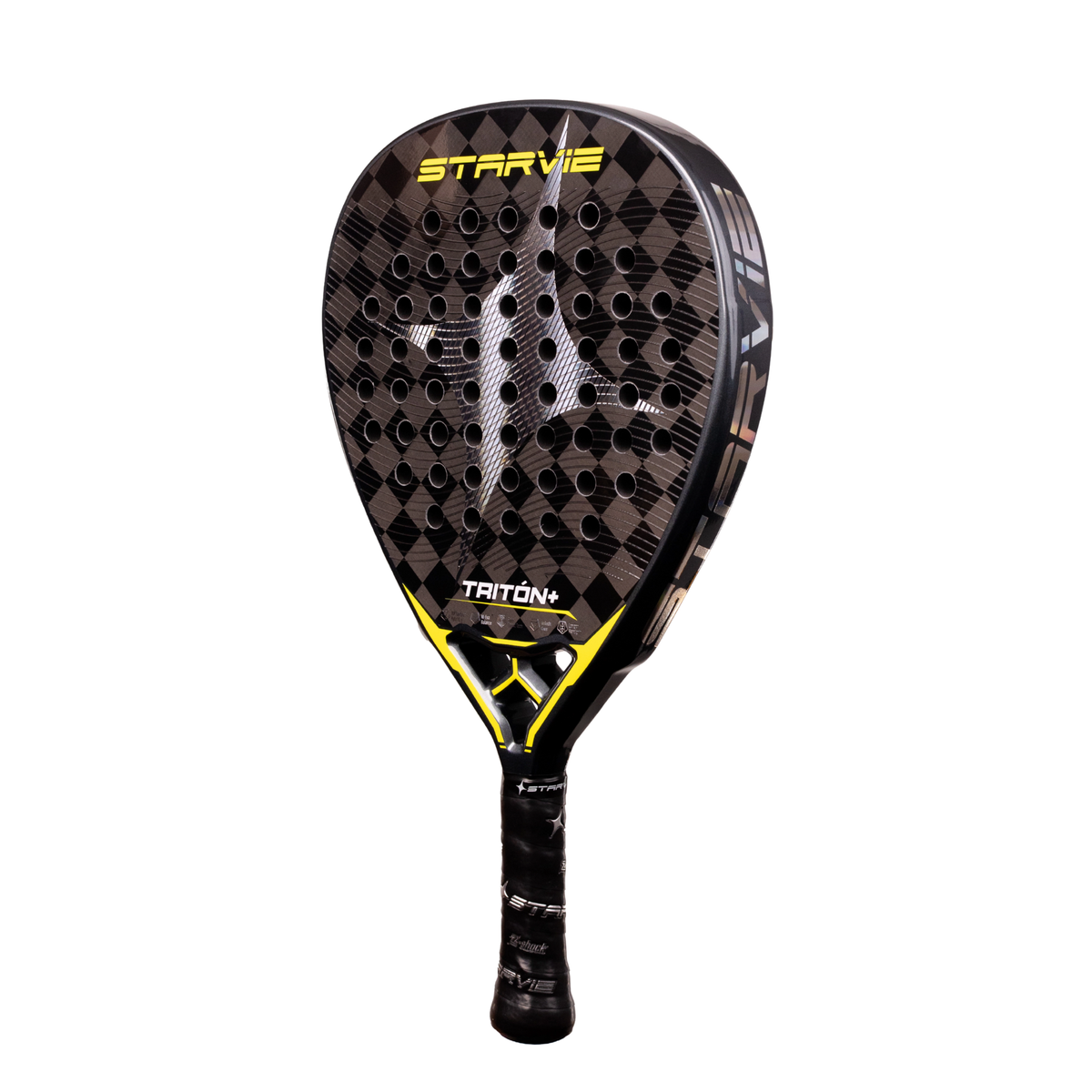 An angled front view of the StarVie Triton Balance+ padel racket, showing the black racket face, yellow details, perforations and side frame.