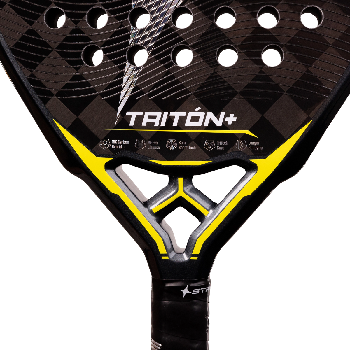 A close-up of the StarVie Triton Balance+ padel racket, showing the black and yellow bridge, Triton+ branding and lower racket face.