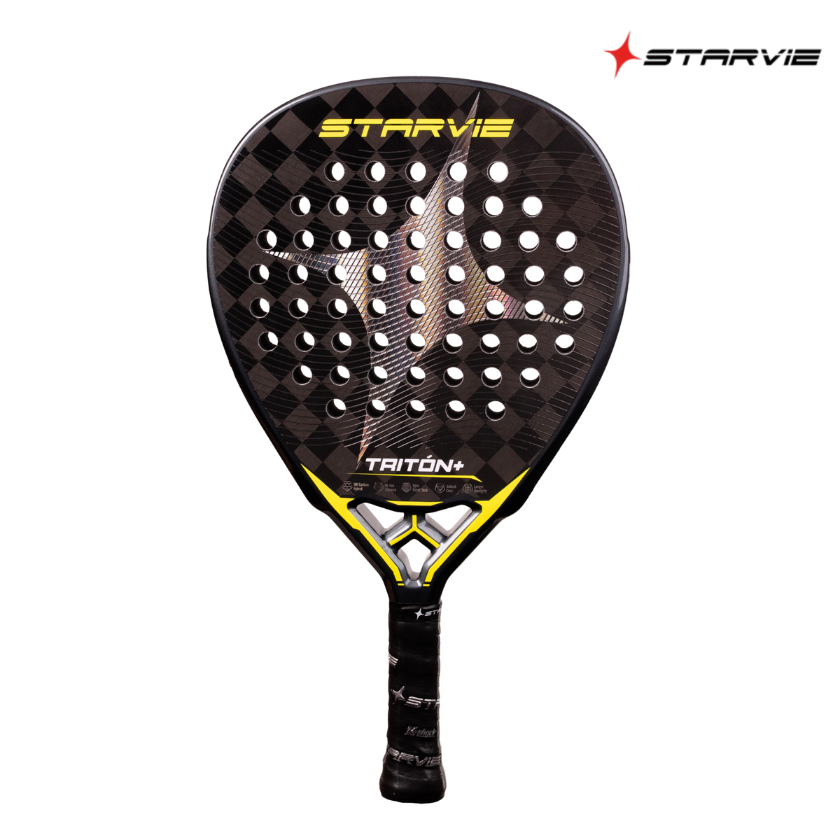 A front view of the StarVie Triton Balance+ padel racket, featuring a black and grey racket face, yellow details, perforations and StarVie branding.