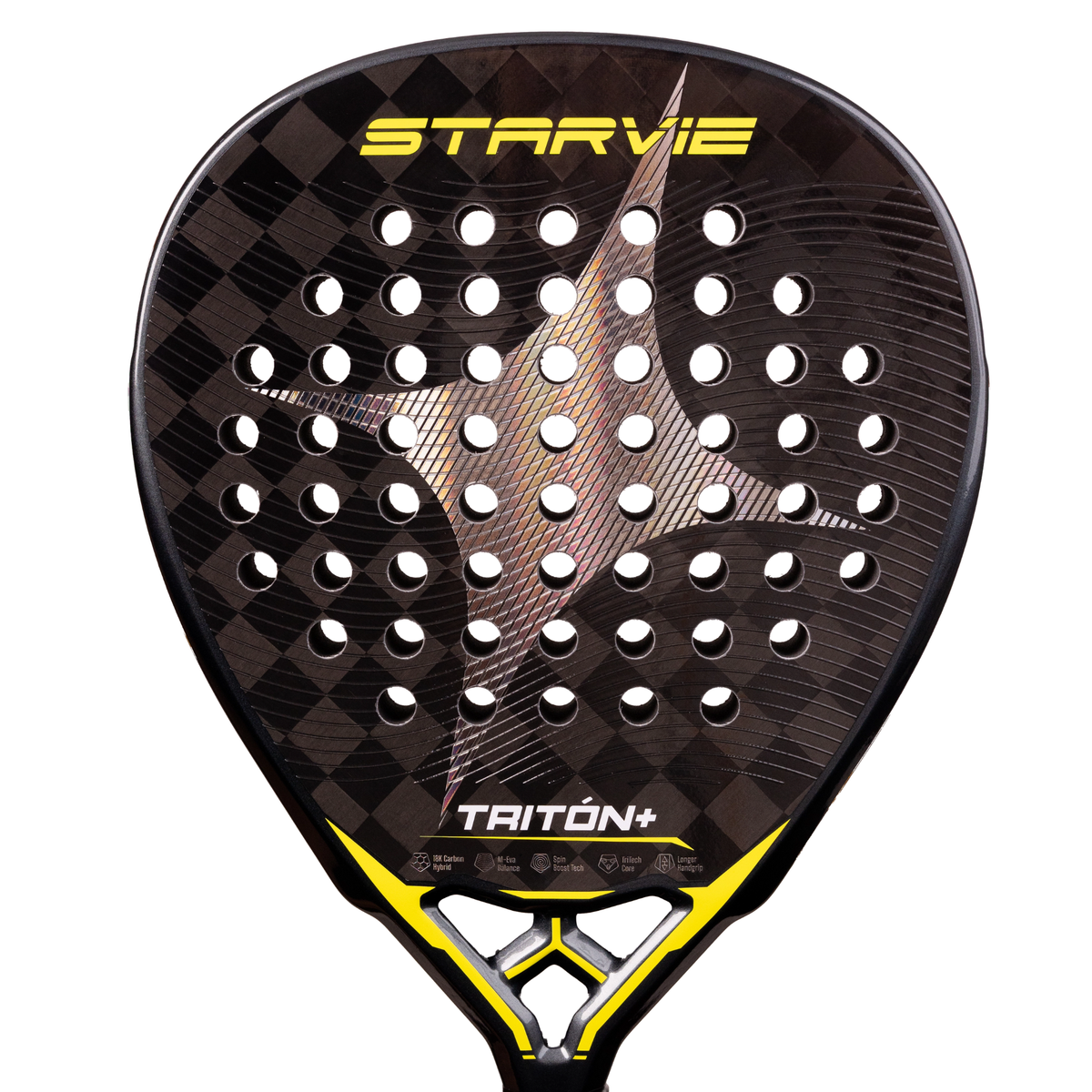 A close-up front view of the StarVie Triton Balance+ racket face, showing the black and grey design, perforations, StarVie logo and yellow bridge details.