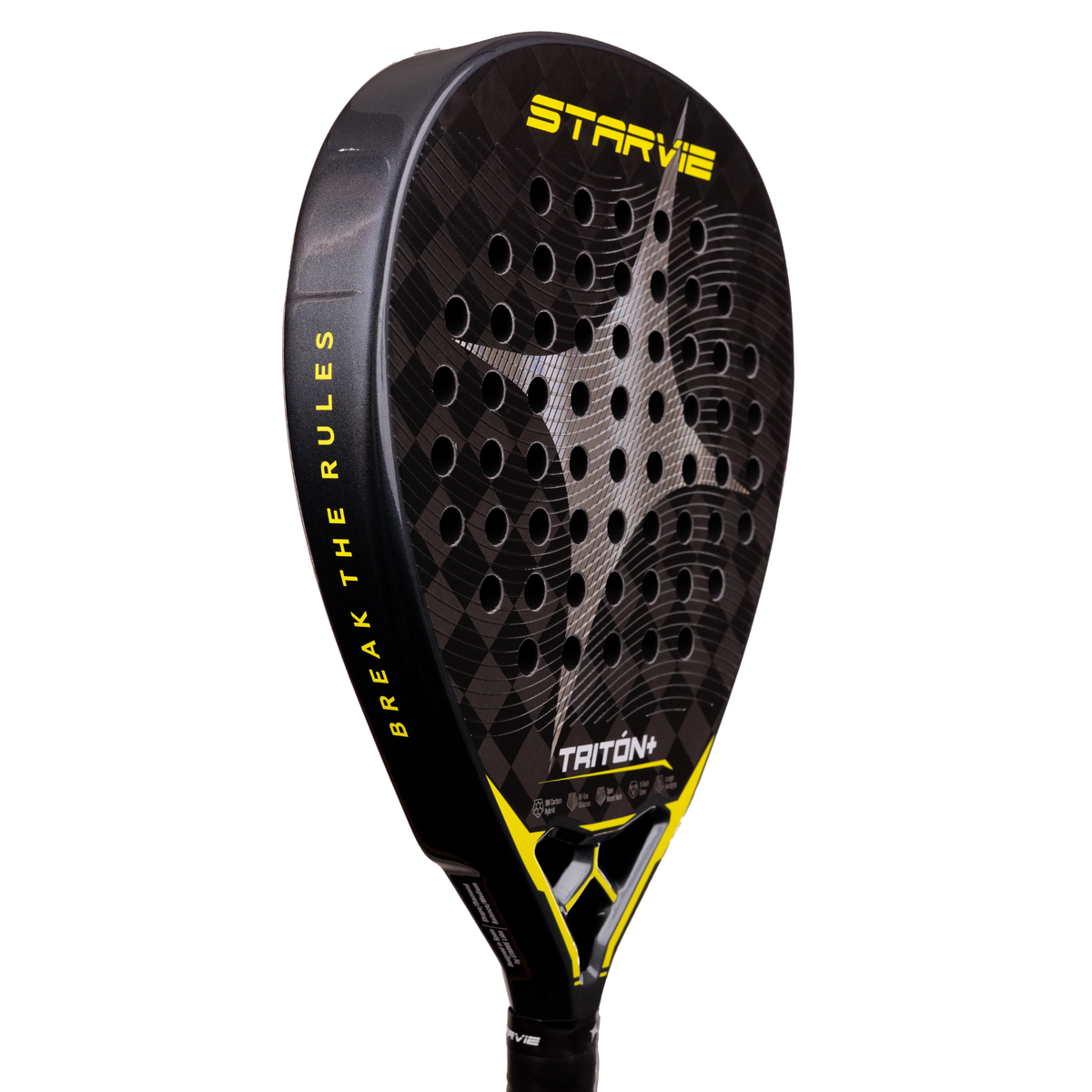 A side view of the StarVie Triton Balance+ padel racket, showing the thick black frame, yellow lettering and racket face.