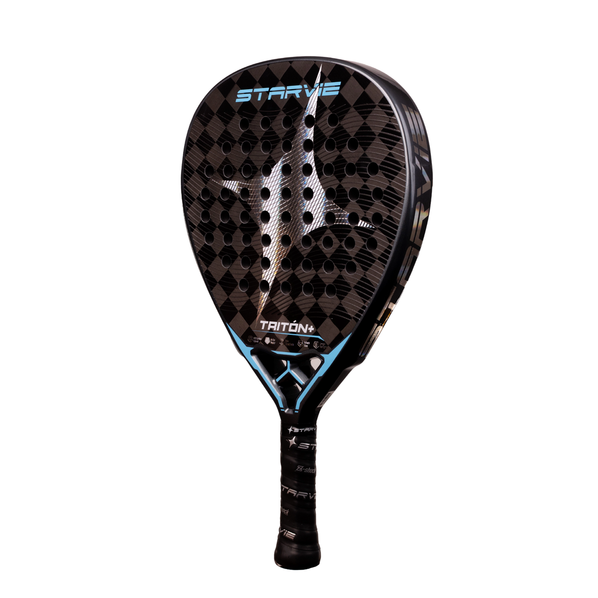 An angled front view of the StarVie Triton Power+ padel racket, showing the black racket face, blue StarVie logo, white outer frame and handle.